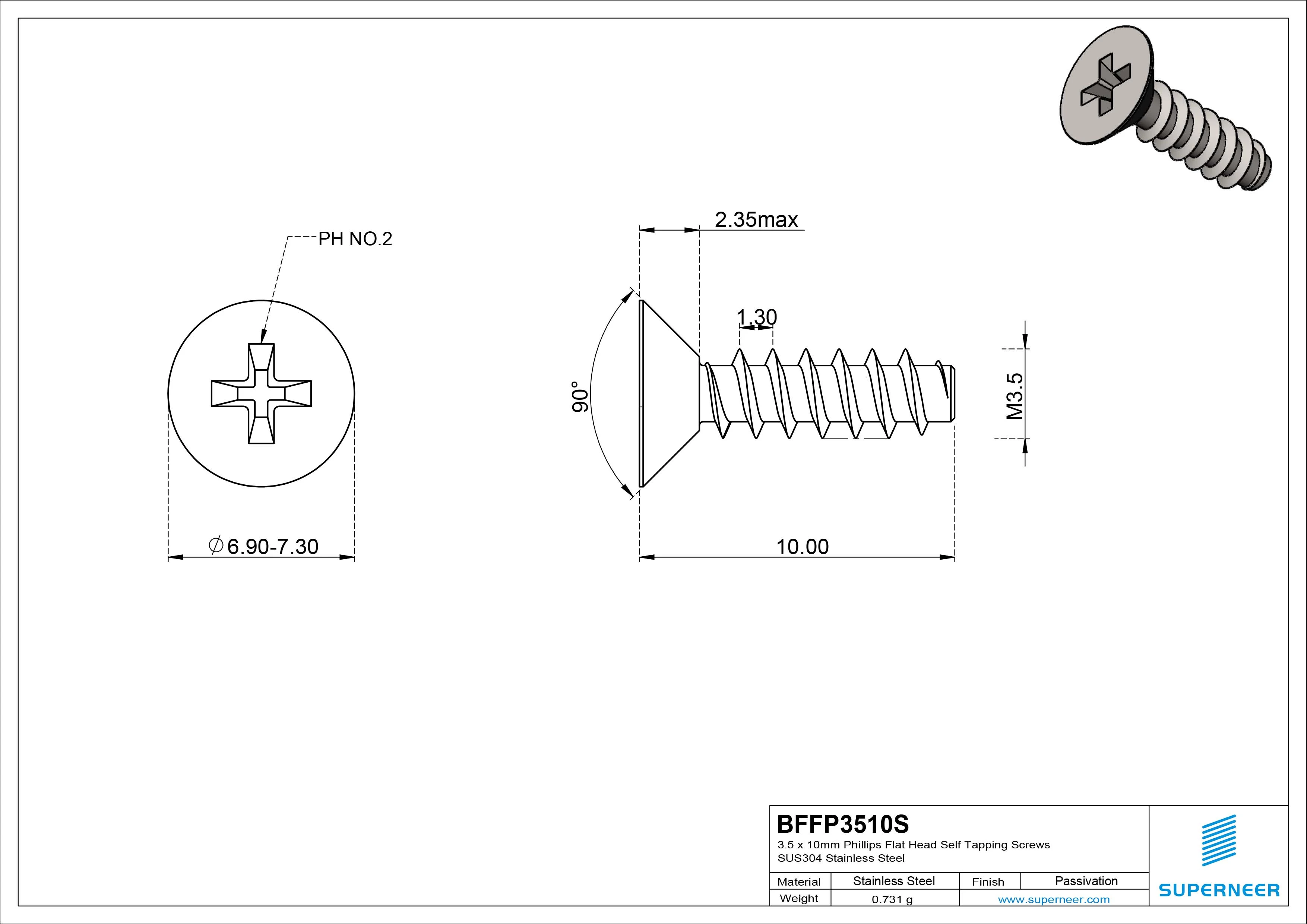 3.5 x 10mm Phillips Flat Head Self Tapping Screws SUS304 Stainless Steel