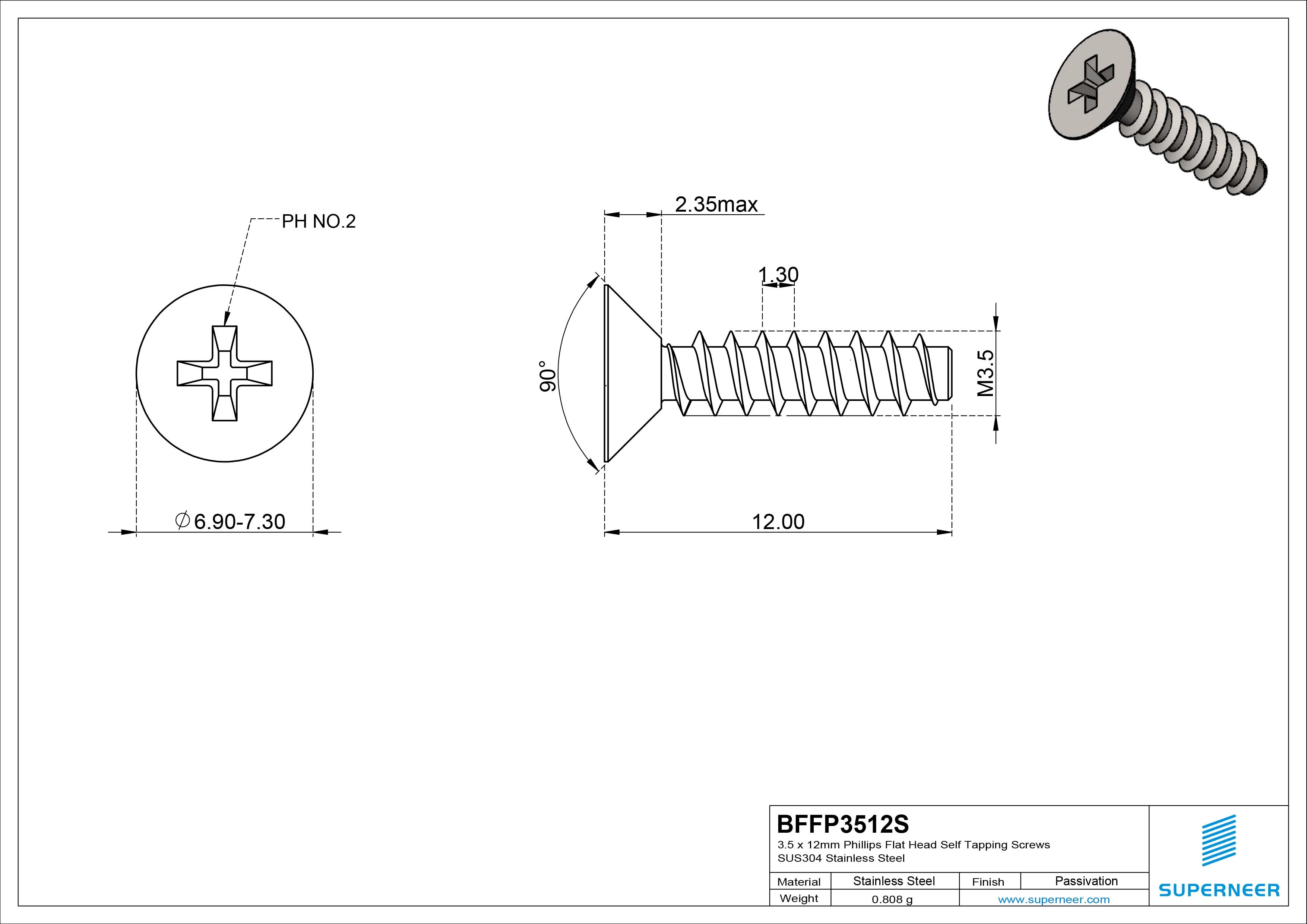 3.5 x 12mm Phillips Flat Head Self Tapping Screws SUS304 Stainless Steel