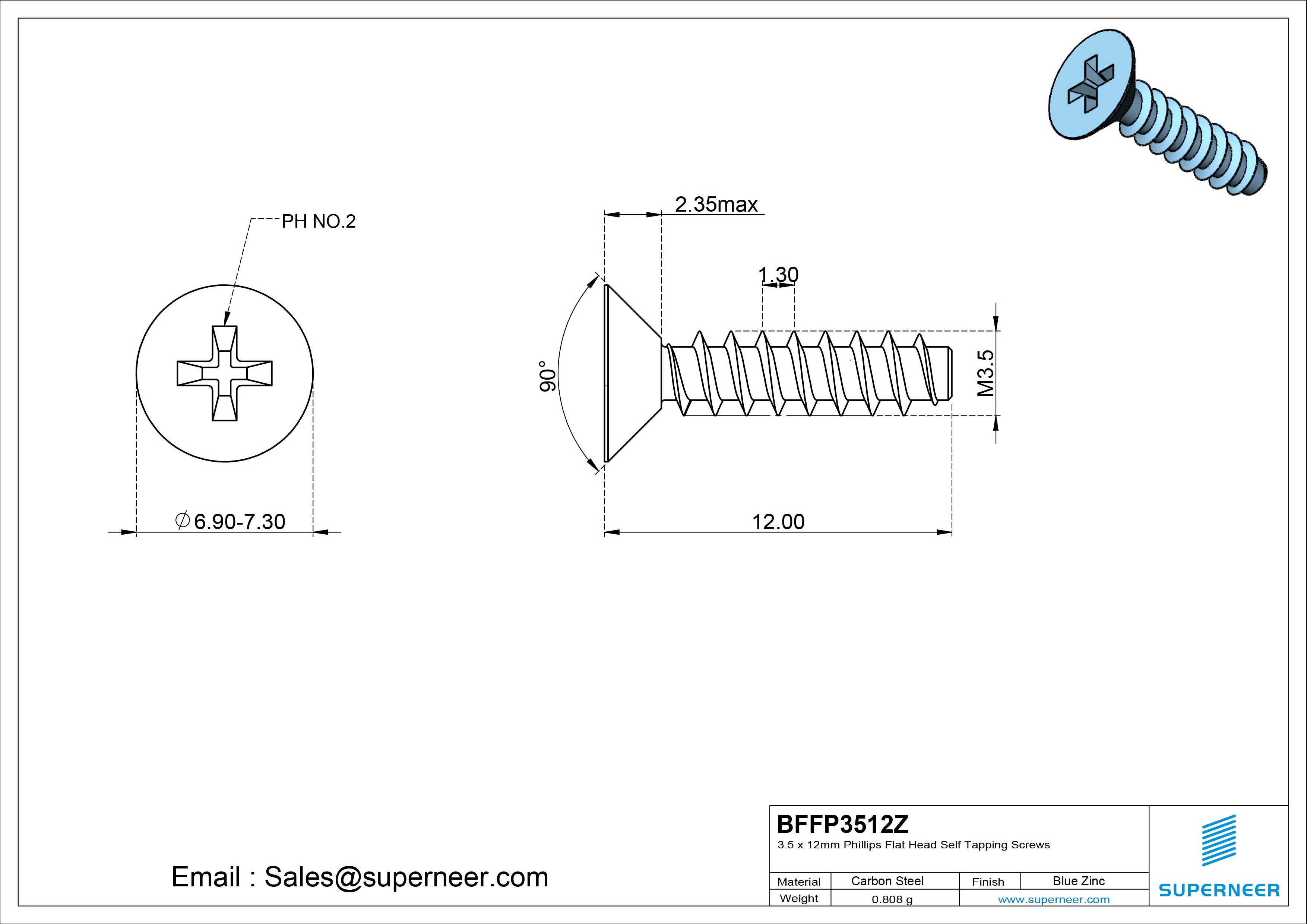 3.5 x 12mm Phillips Flat Head Self Tapping Screws Steel Blue Zinc Plated