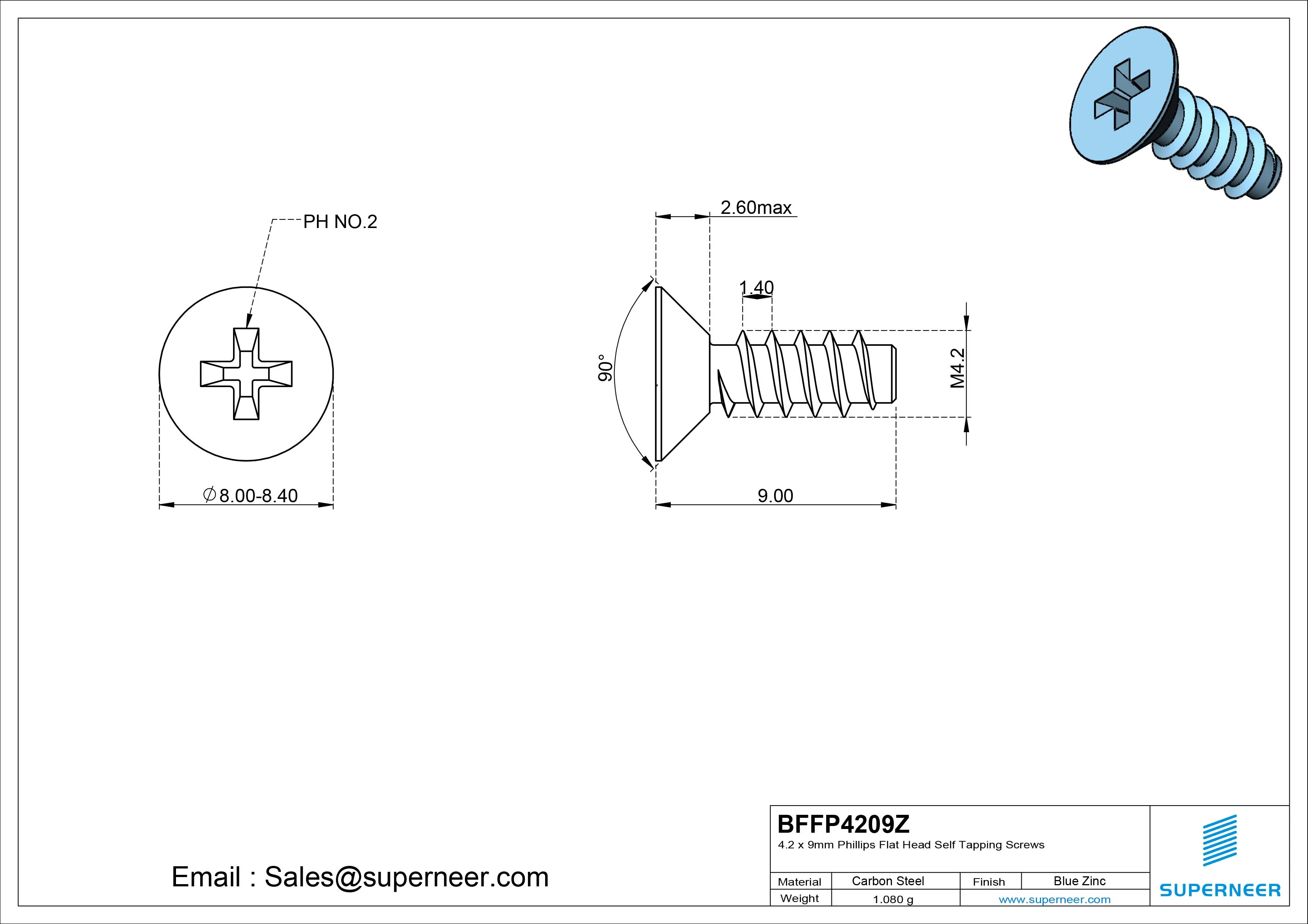 4.2 x 9mm Phillips Flat Head Self Tapping Screws Steel Blue Zinc Plated