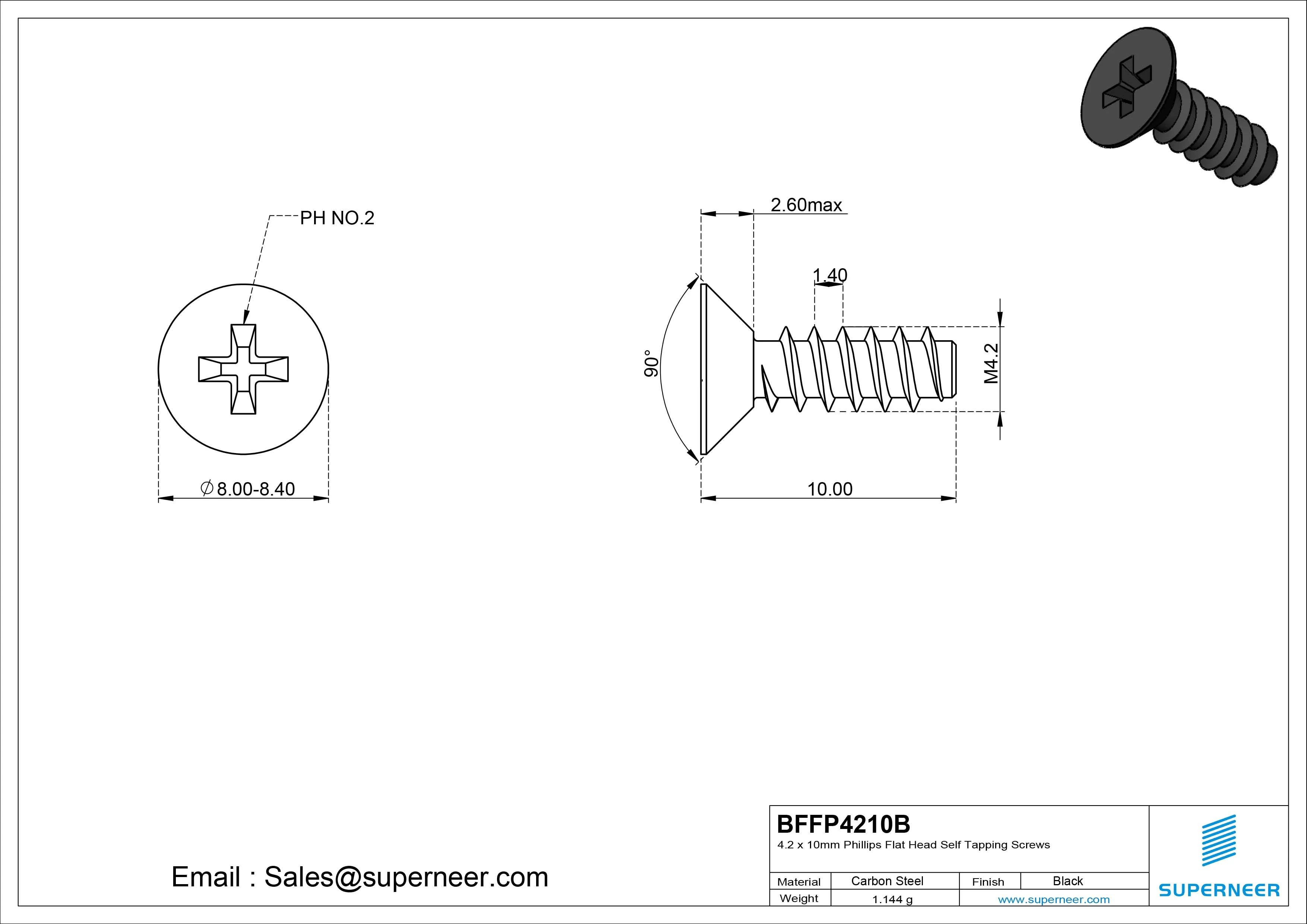 4.2 x 10mm Phillips Flat Head Self Tapping Screws Steel Black Zinc Plated