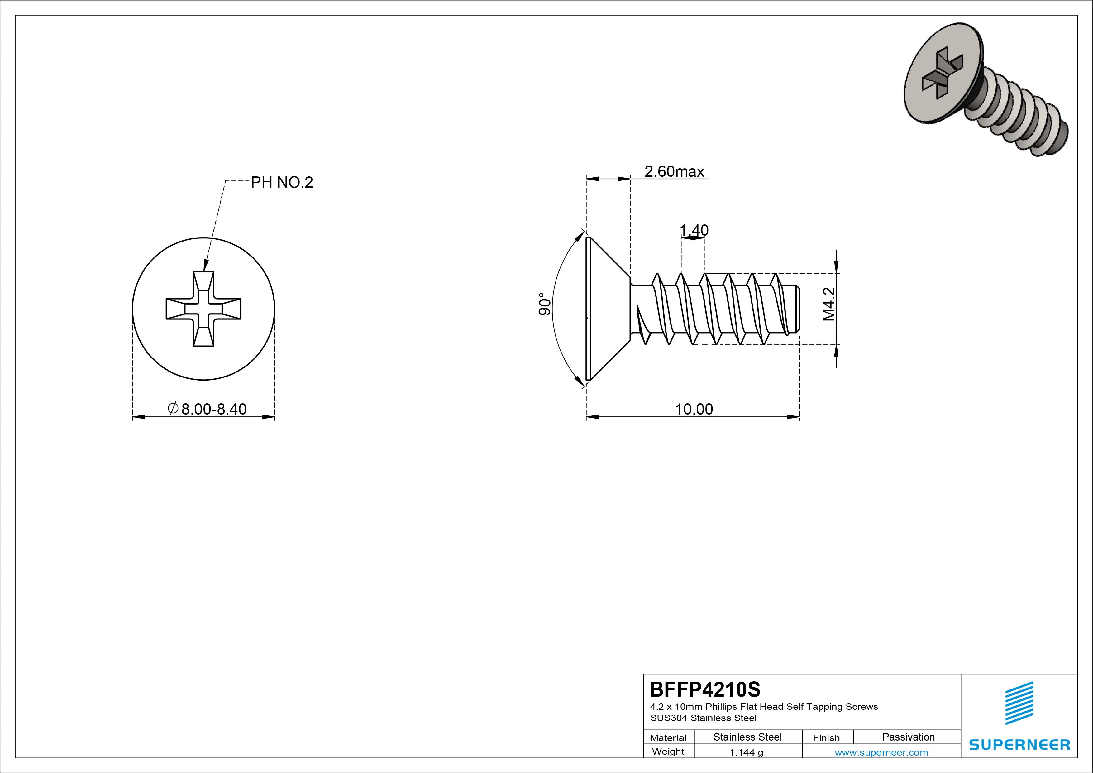 4.2 x 10mm Phillips Flat Head Self Tapping Screws SUS304 Stainless Steel