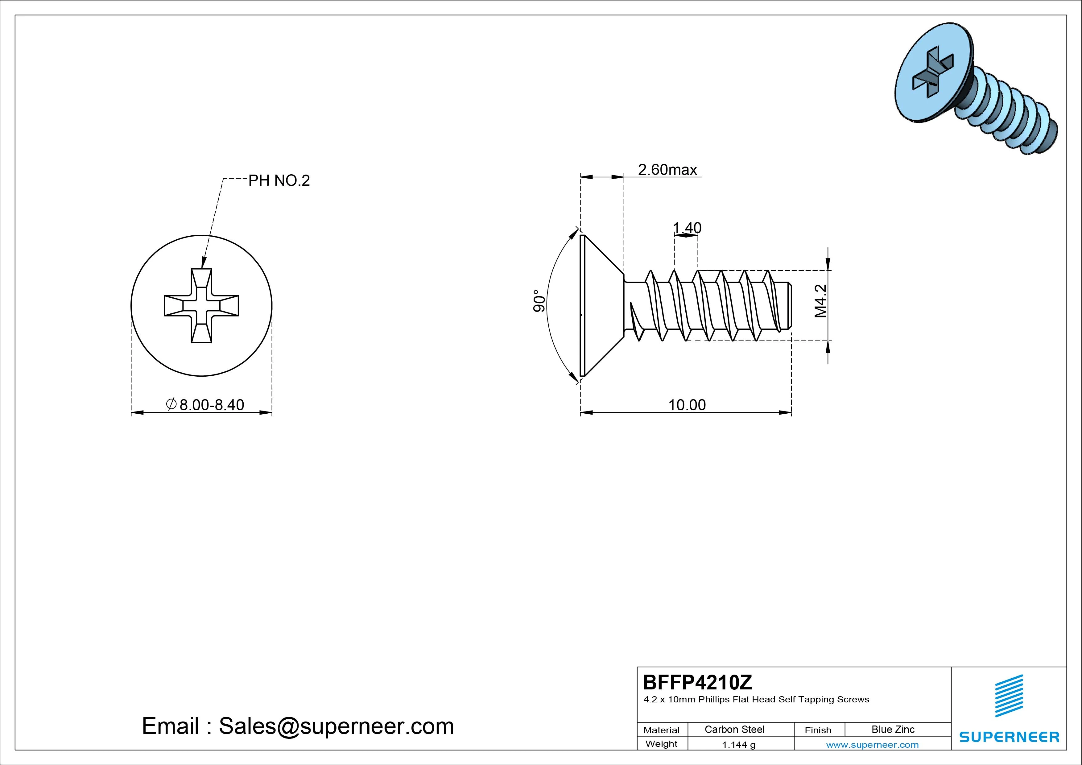 4.2 x 10mm Phillips Flat Head Self Tapping Screws Steel Blue Zinc Plated