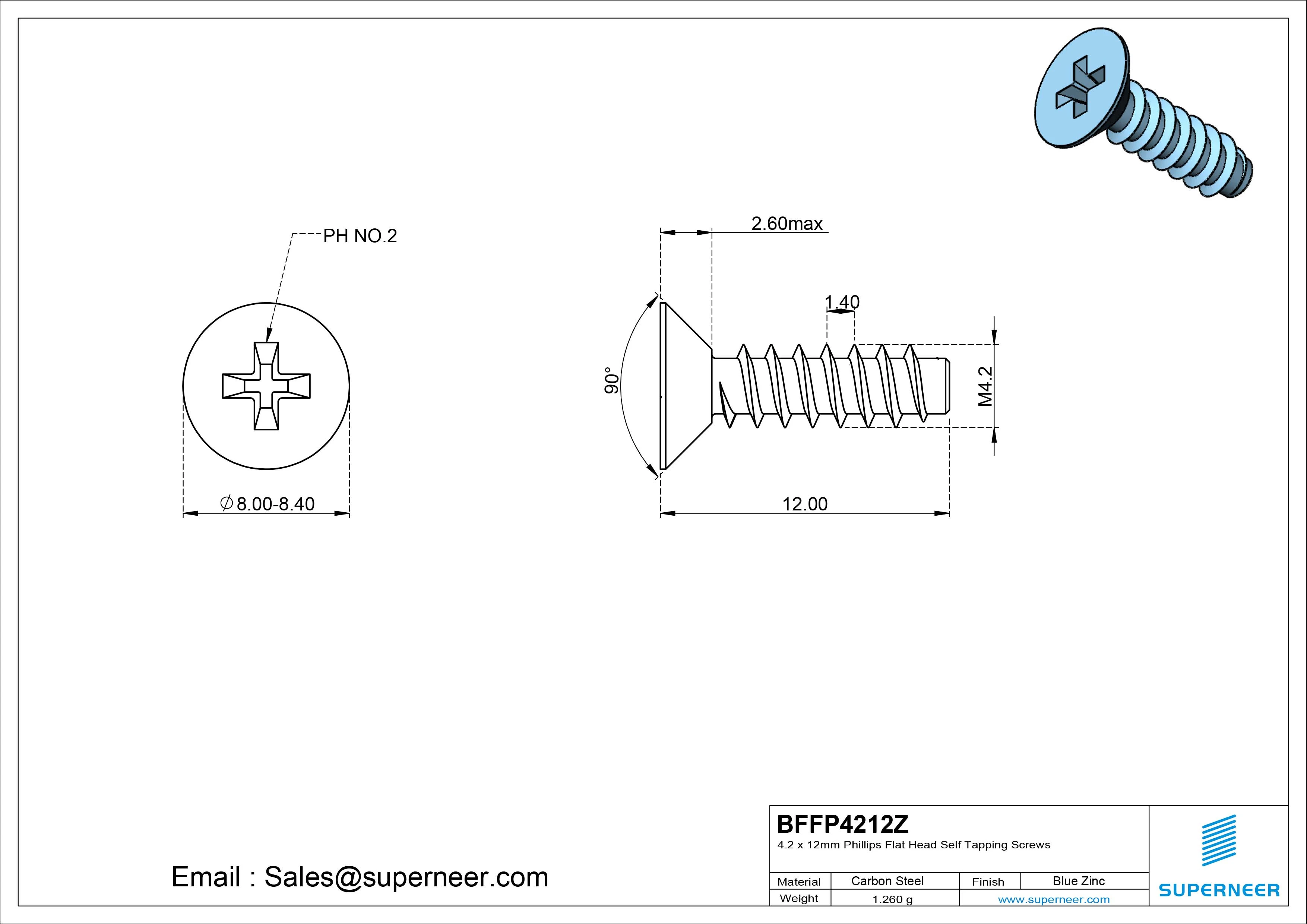4.2 x 12mm Phillips Flat Head Self Tapping Screws Steel Blue Zinc Plated