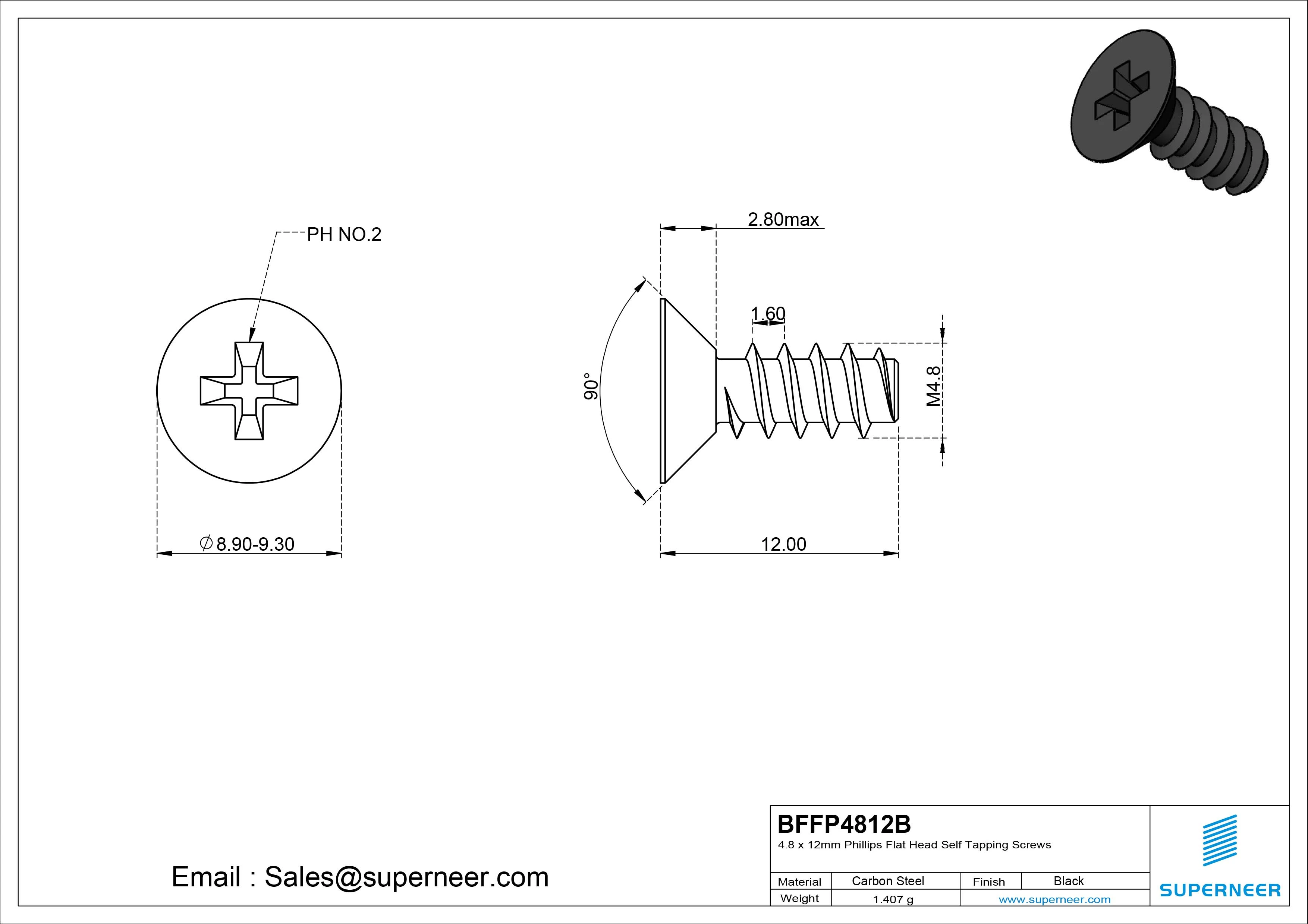 4.8 x 12mm Phillips Flat Head Self Tapping Screws Steel Black Zinc Plated