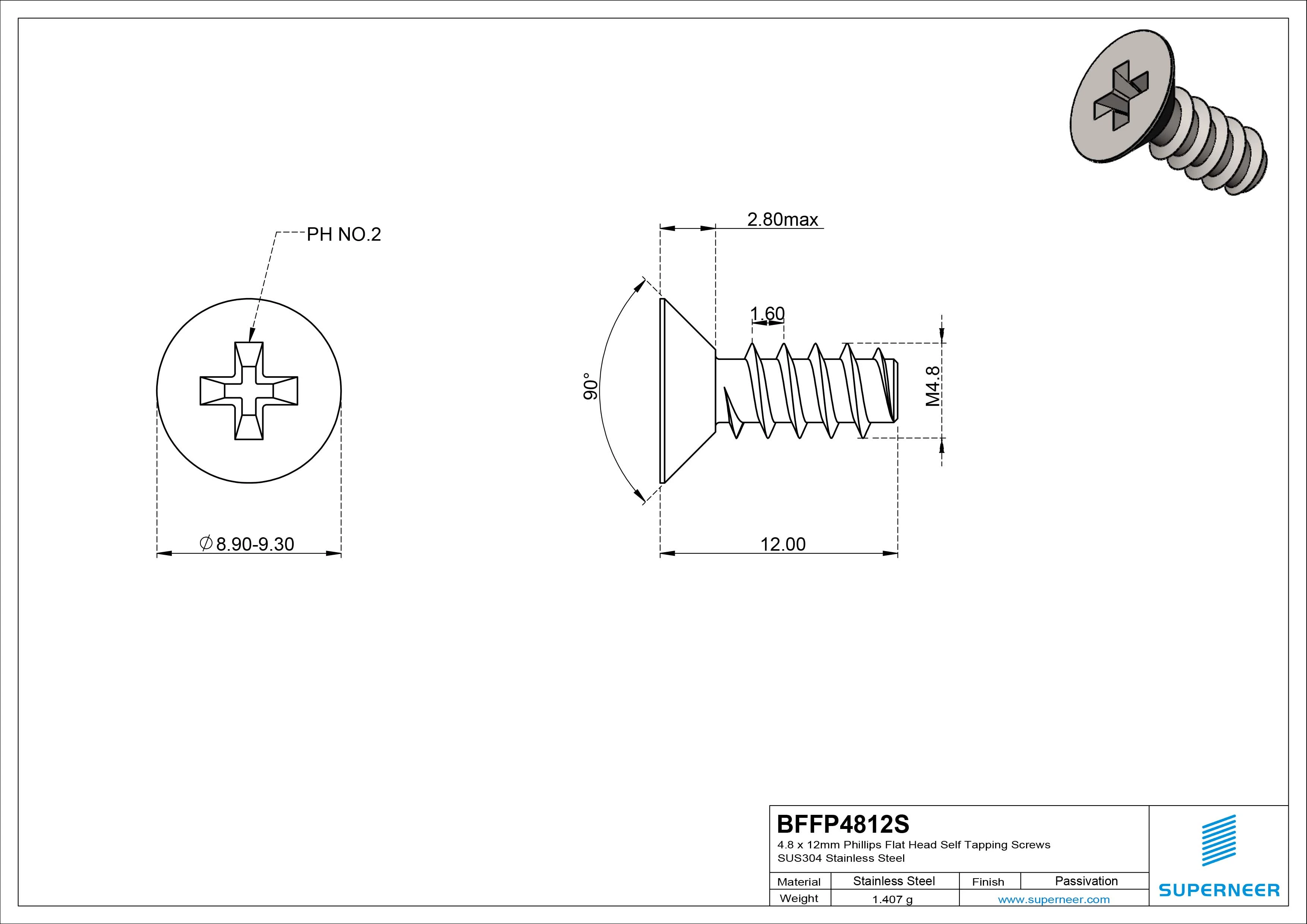 4.8 x 12mm Phillips Flat Head Self Tapping Screws SUS304 Stainless Steel