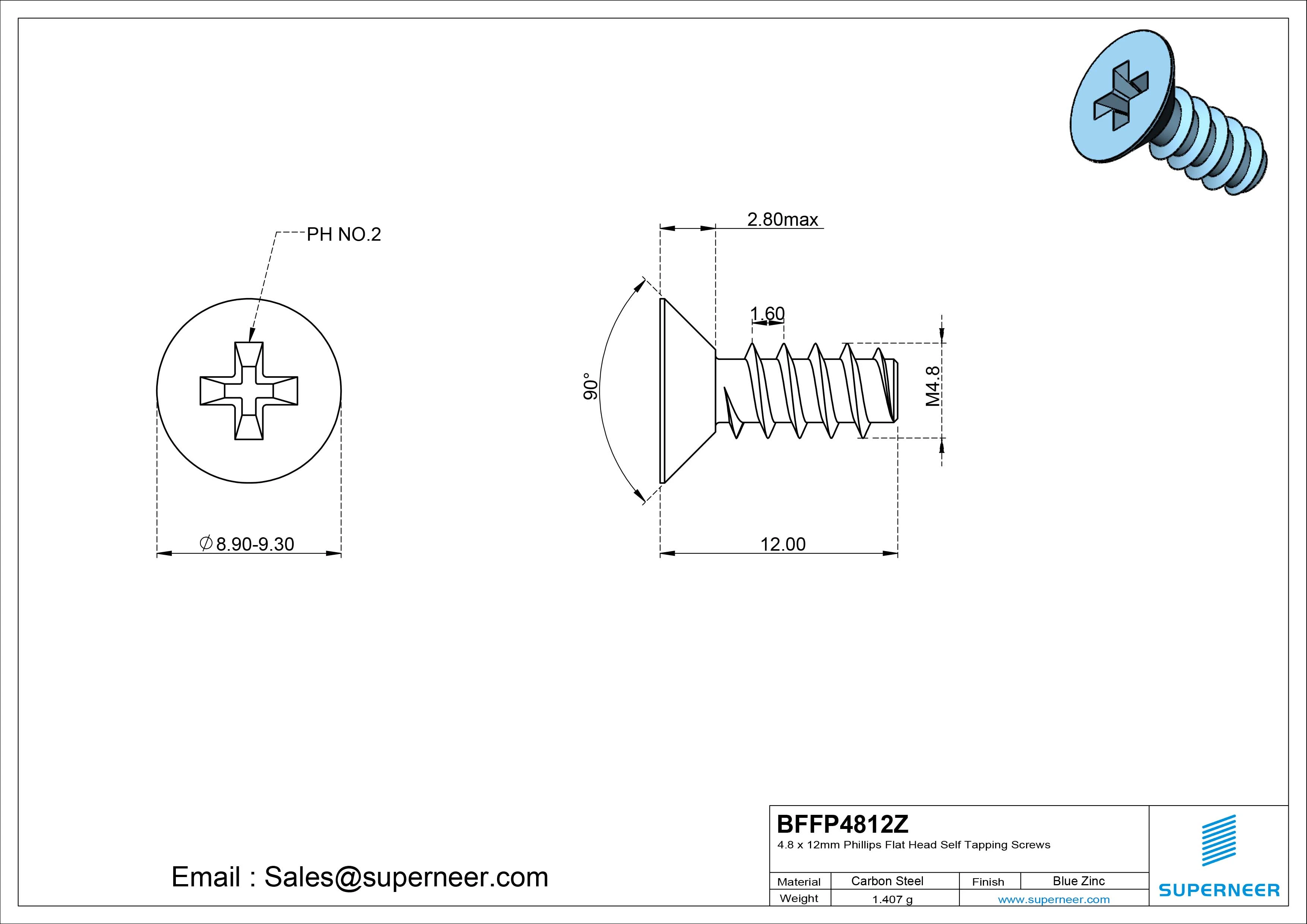 4.8 x 12mm Phillips Flat Head Self Tapping Screws Steel Blue Zinc Plated