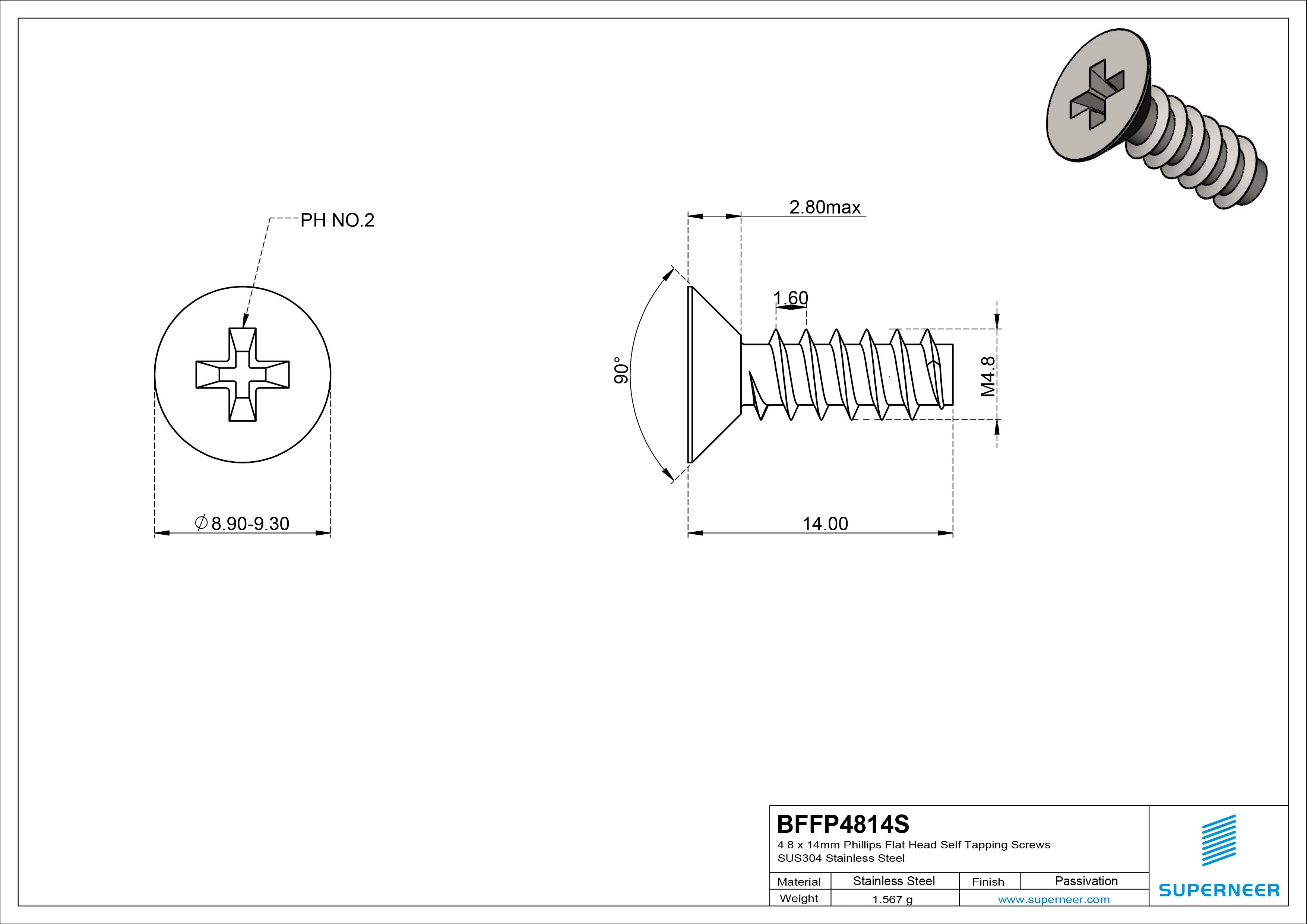 4.8 x 14mm Phillips Flat Head Self Tapping Screws SUS304 Stainless Steel