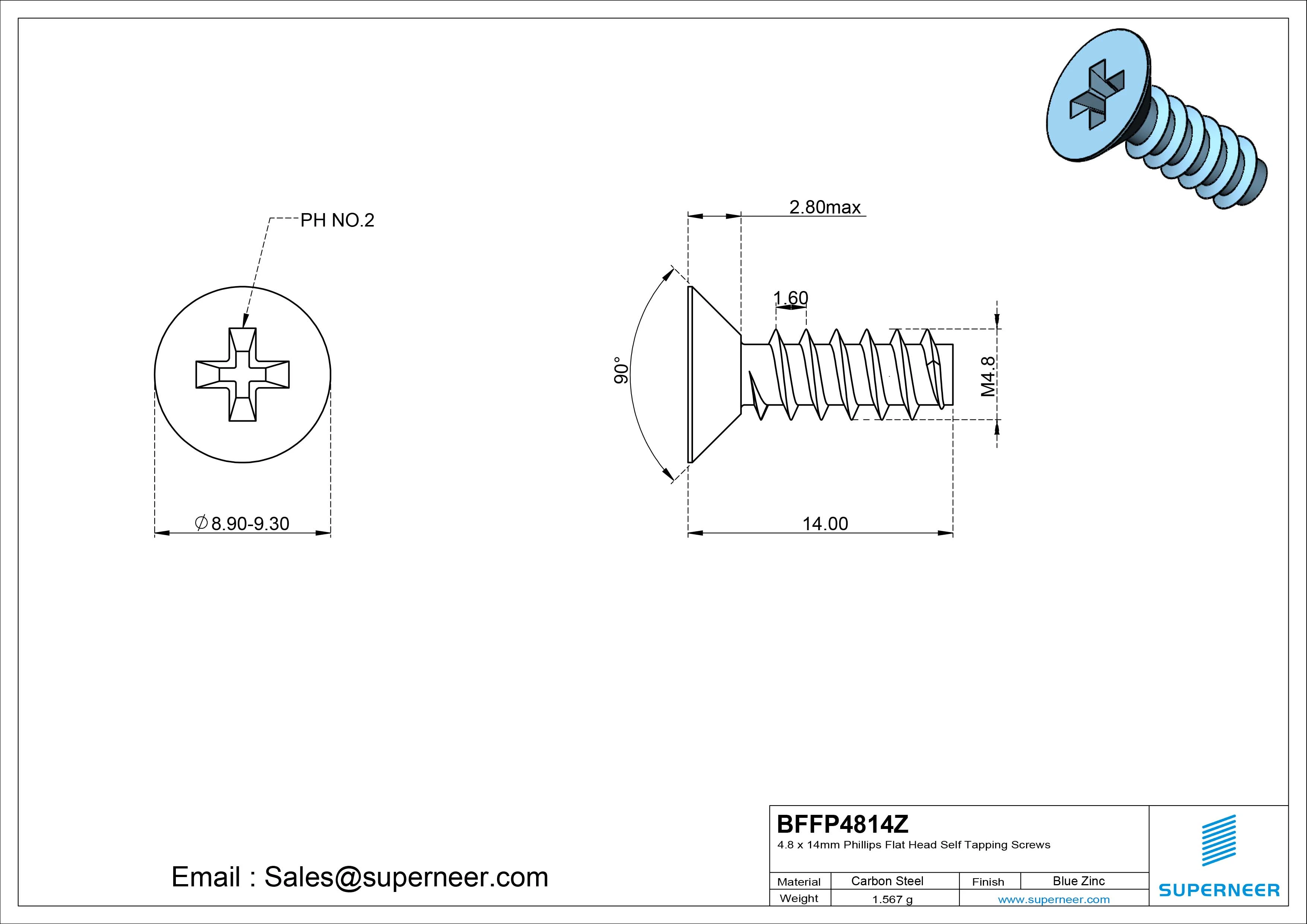 4.8 x 14mm Phillips Flat Head Self Tapping Screws Steel Blue Zinc Plated