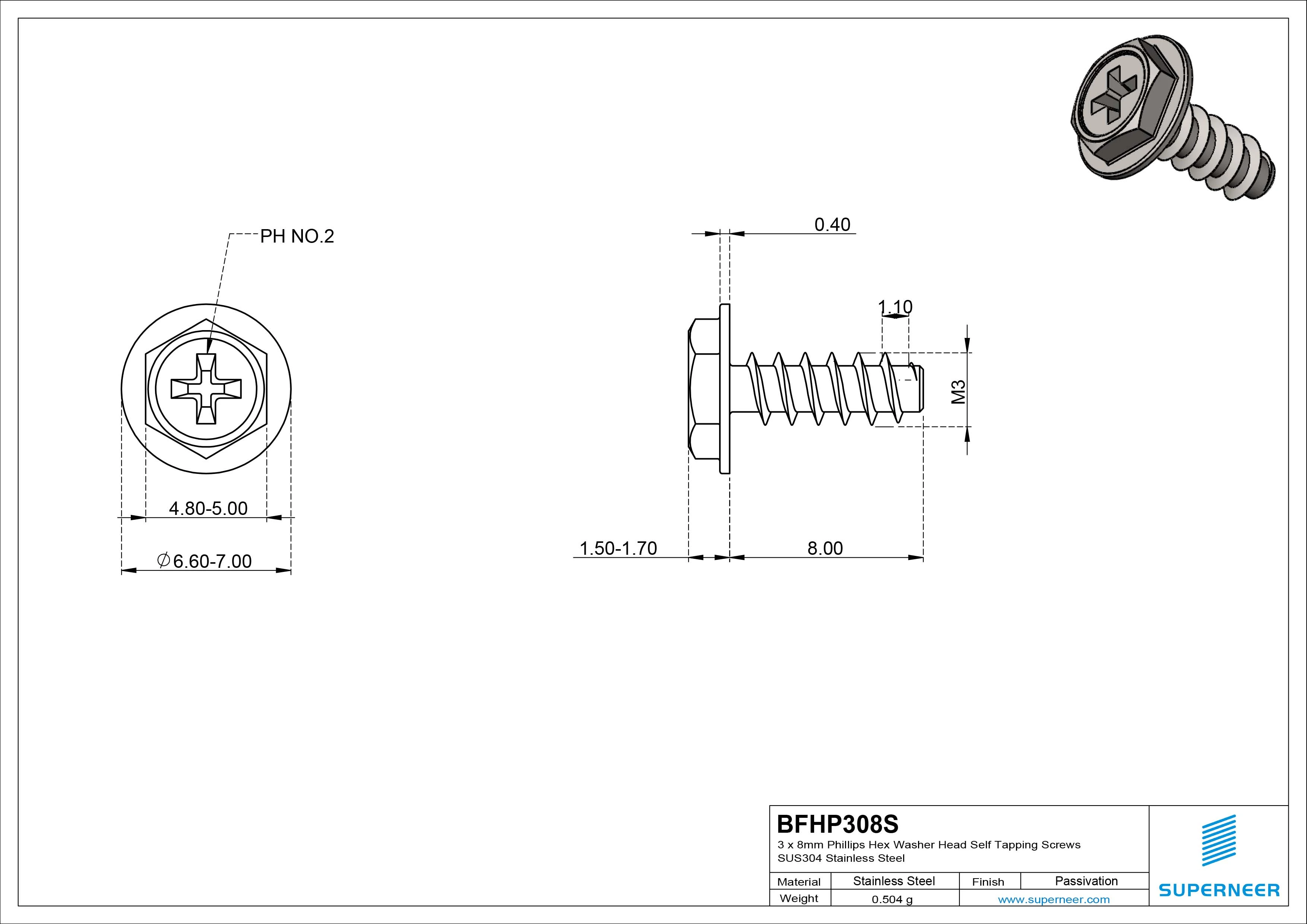 3 x 8mm Phillips Hex Washer Head Self Tapping Screws SUS304 Stainless Steel