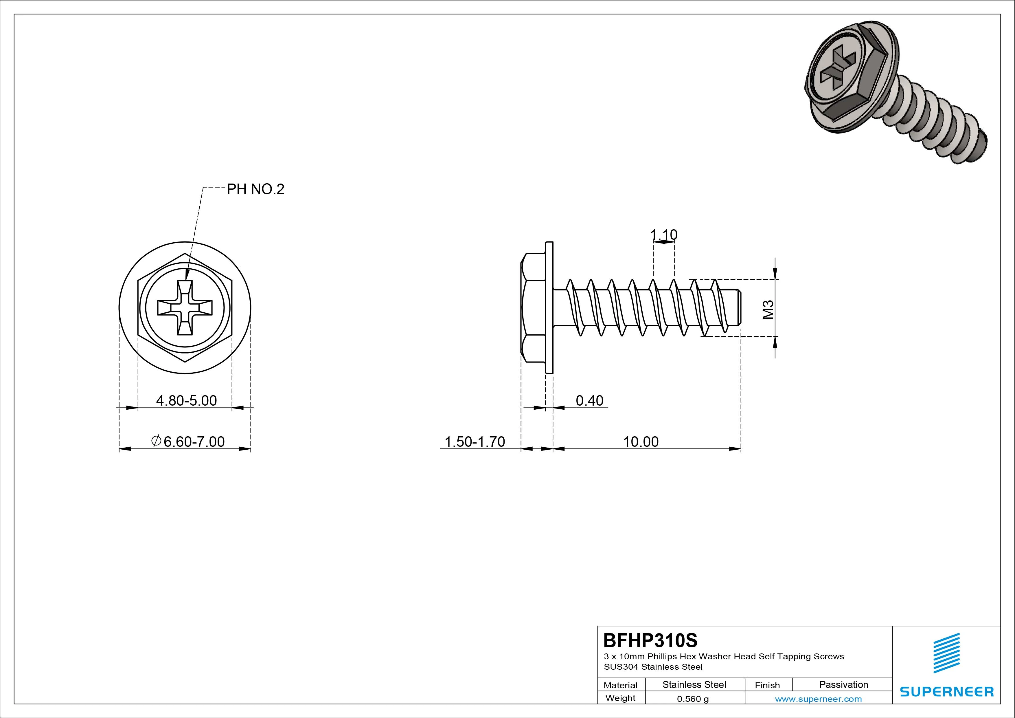 3 x 10mm Phillips Hex Washer Head Self Tapping Screws SUS304 Stainless Steel