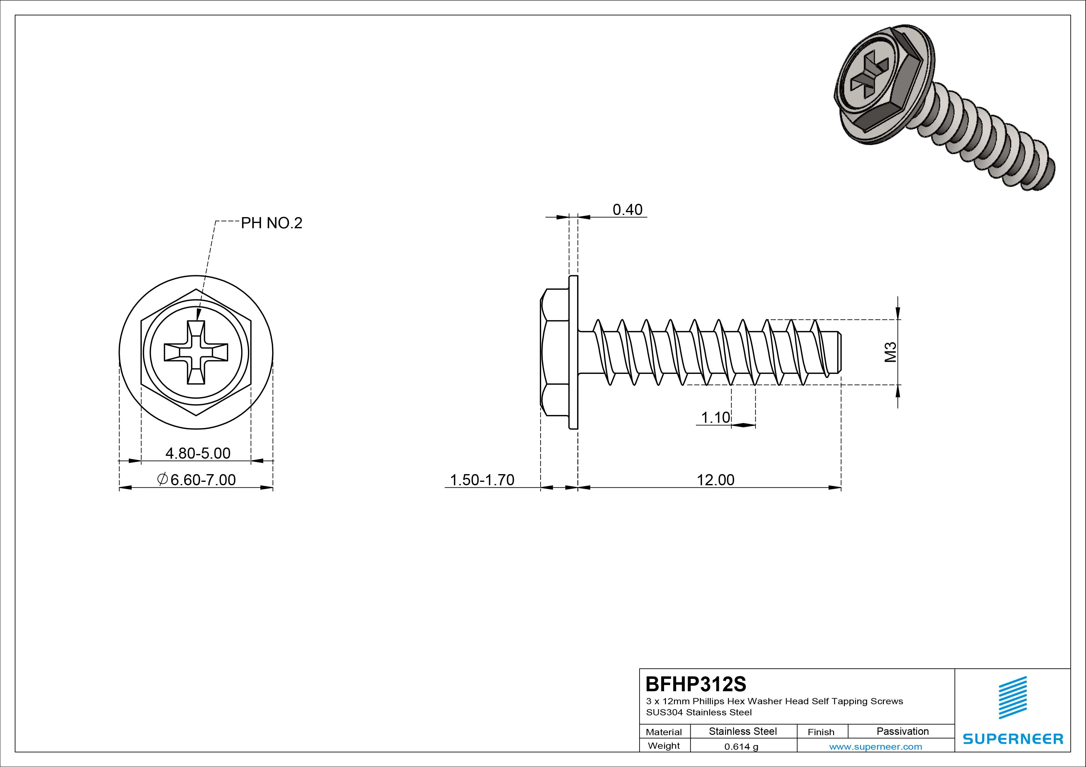 3 x 12mm Phillips Hex Washer Head Self Tapping Screws SUS304 Stainless Steel