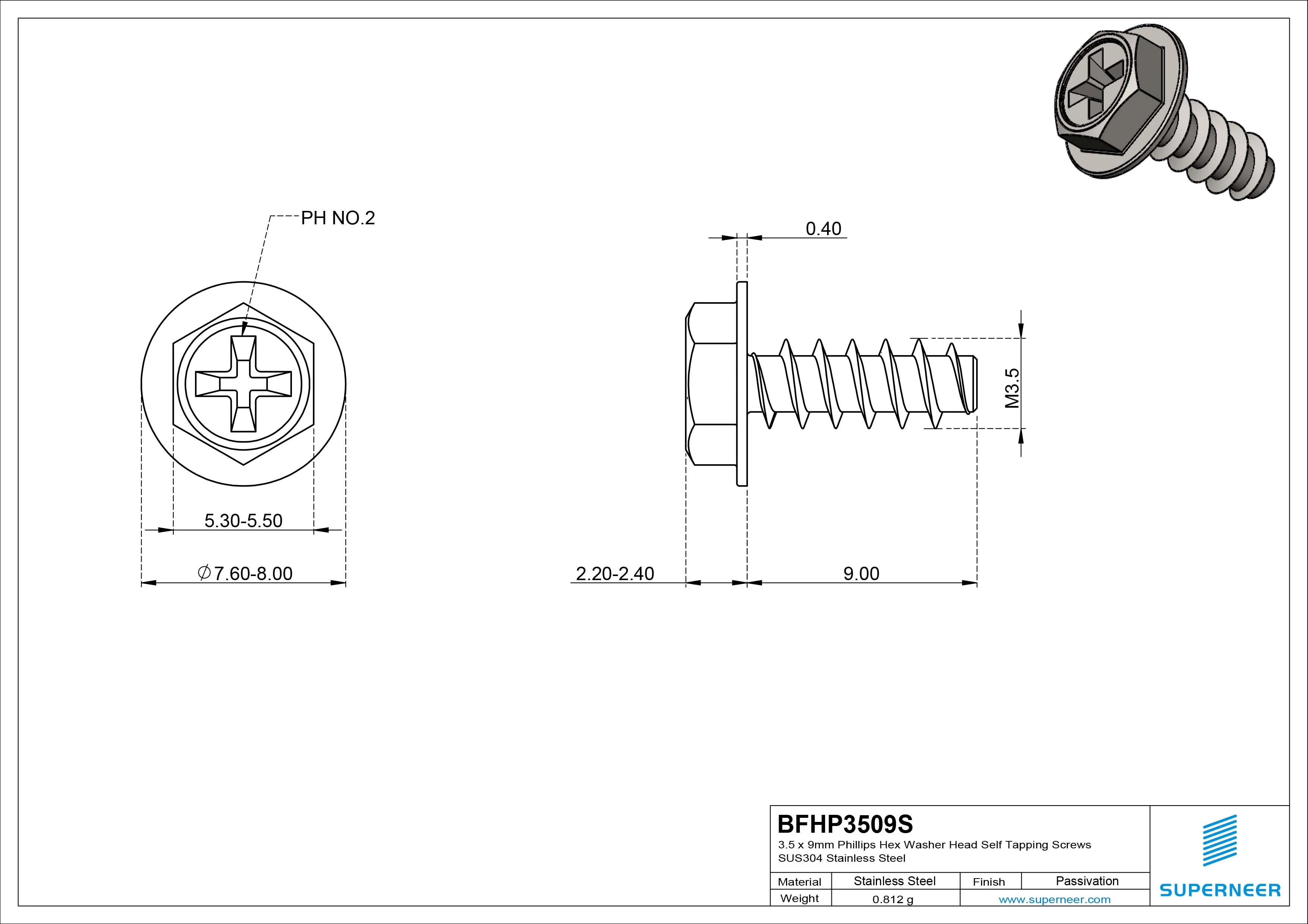 3.5 x 9mm Phillips Hex Washer Head Self Tapping Screws SUS304 Stainless Steel