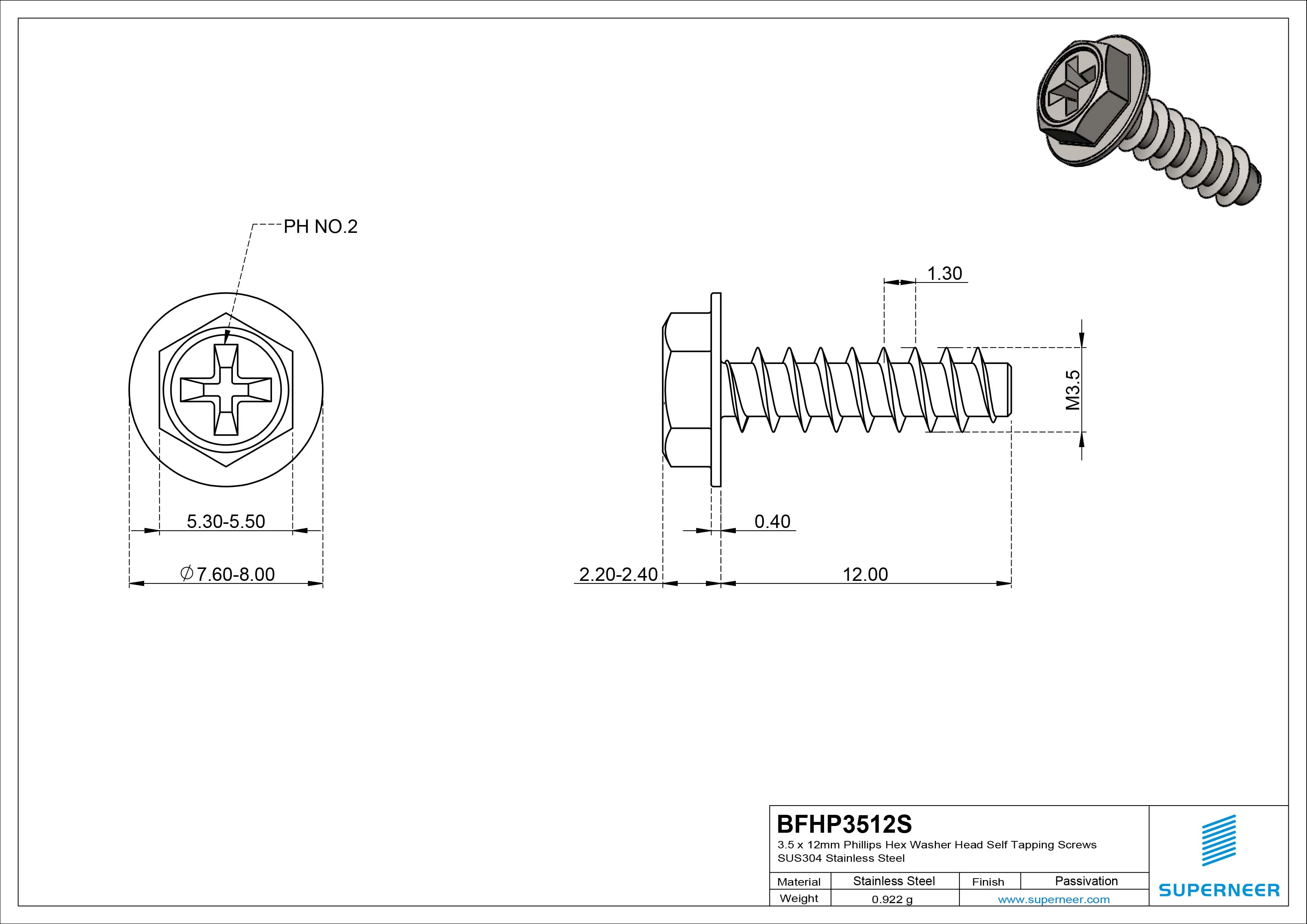 3.5 x 12mm Phillips Hex Washer Head Self Tapping Screws SUS304 Stainless Steel