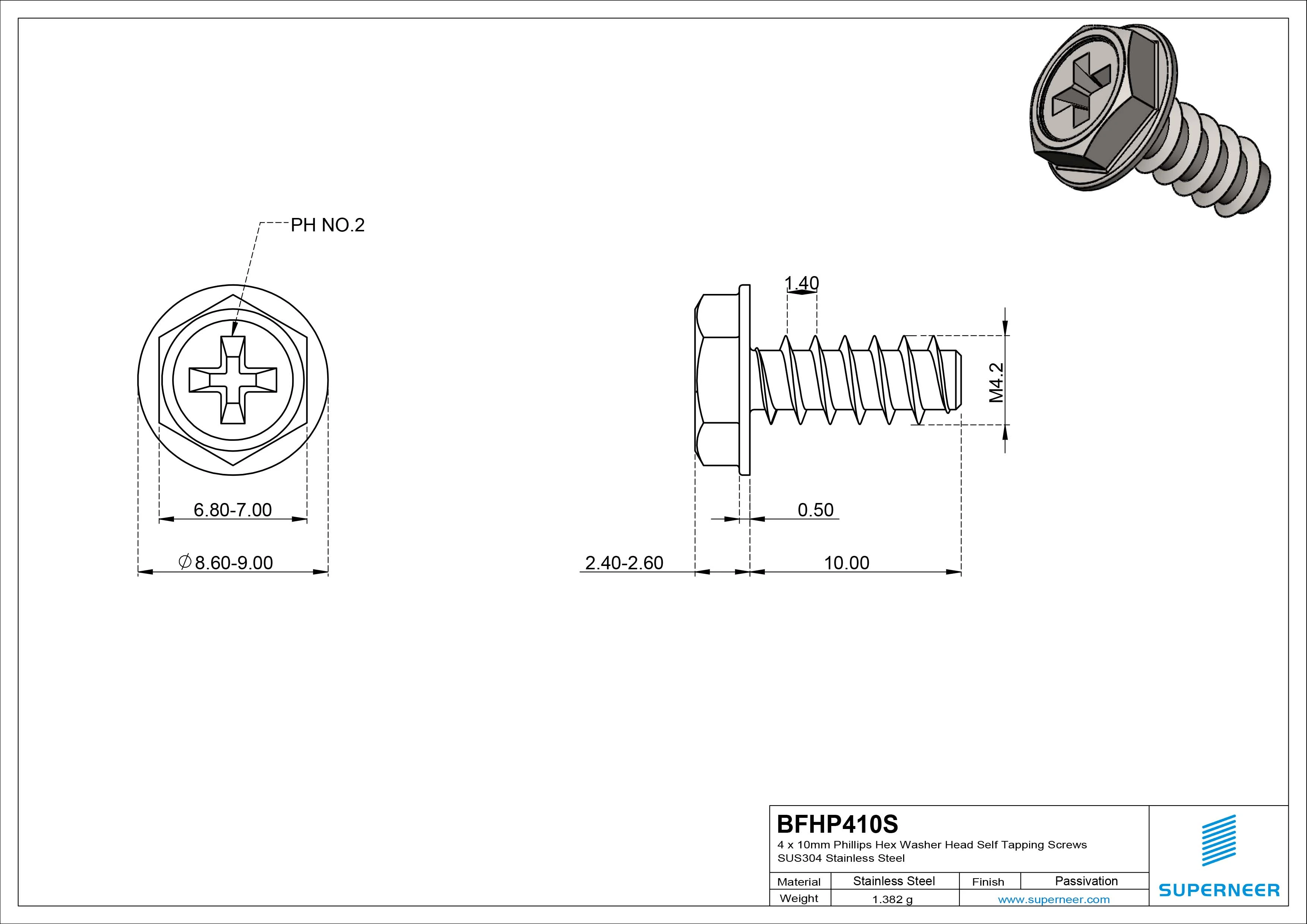 4 x 10mm Phillips Hex Washer Head Self Tapping Screws SUS304 Stainless Steel