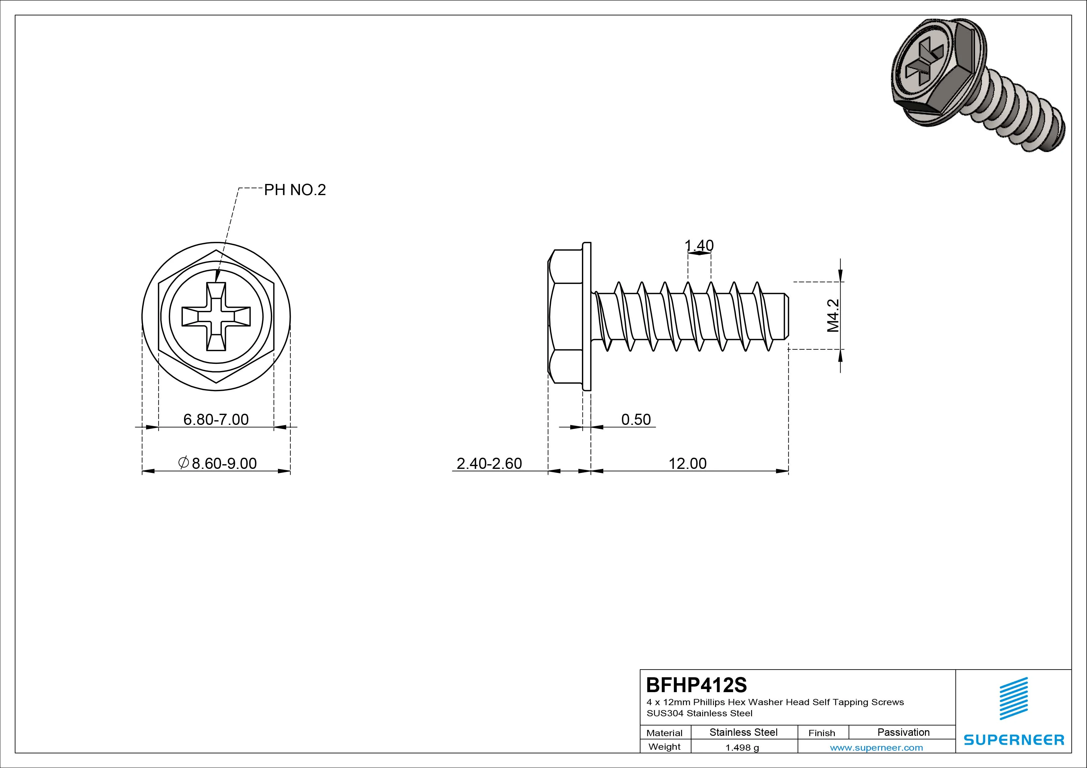 4 x 12mm Phillips Hex Washer Head Self Tapping Screws SUS304 Stainless Steel