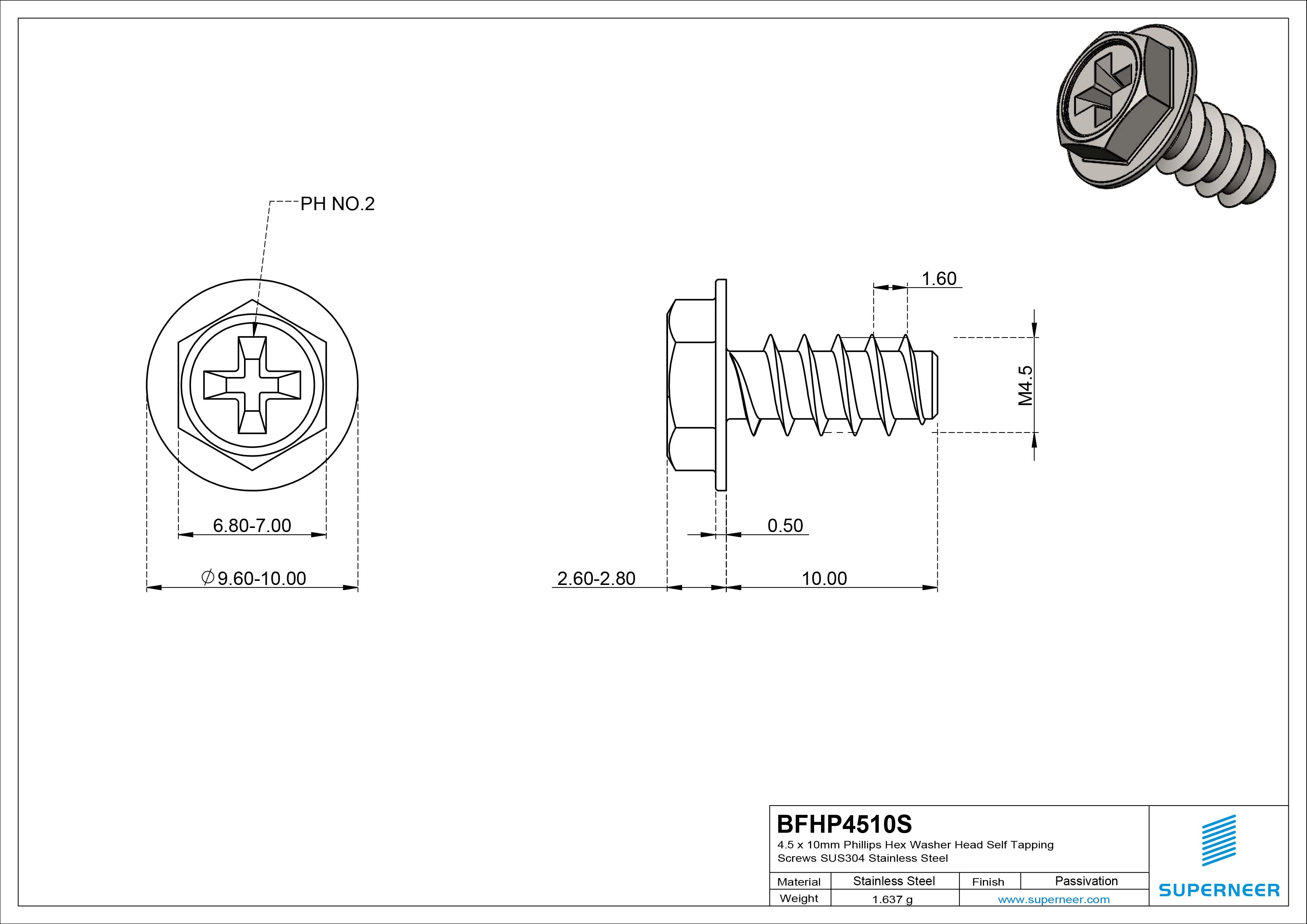 4.5 x 10mm Phillips Hex Washer Head Self Tapping Screws SUS304 Stainless Steel
