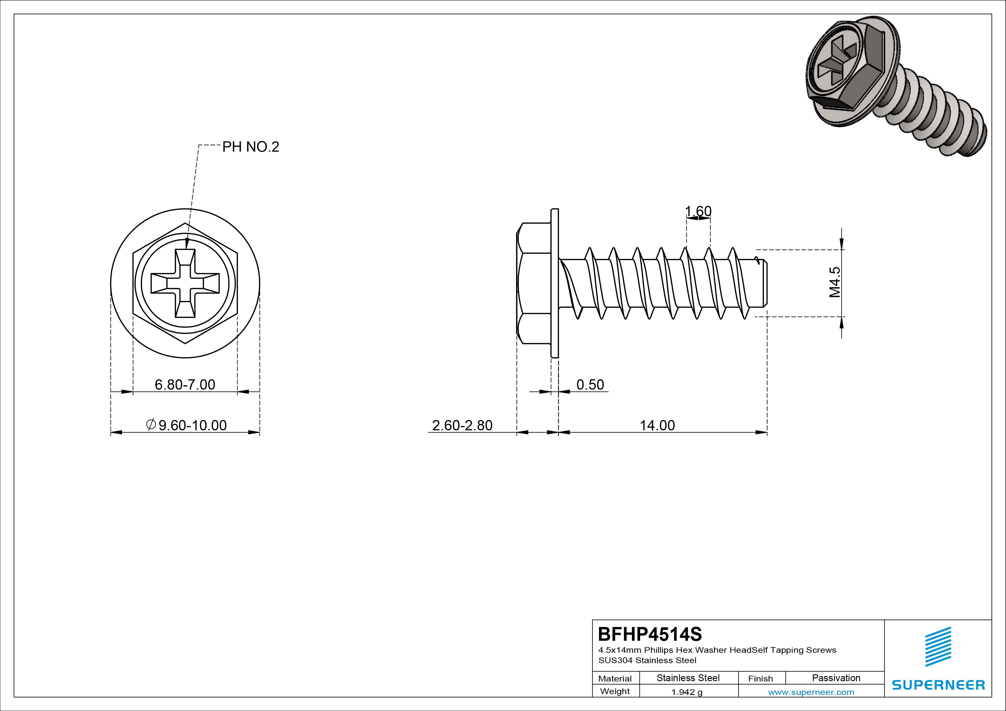 4.5 x 14mm Phillips Hex Washer Head Self Tapping Screws SUS304 Stainless Steel