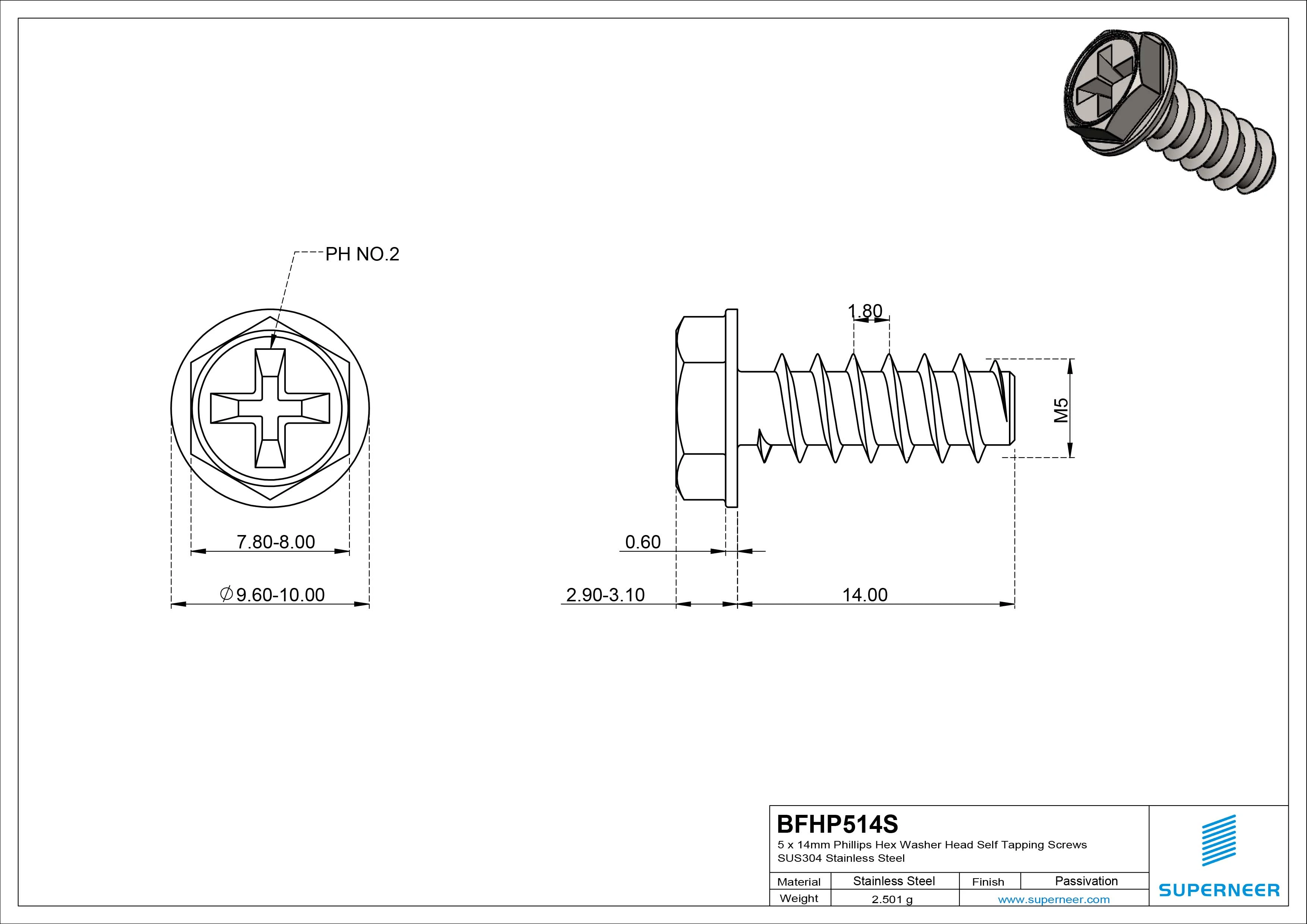 5 x 14mm Phillips Hex Washer Head Self Tapping Screws SUS304 Stainless Steel