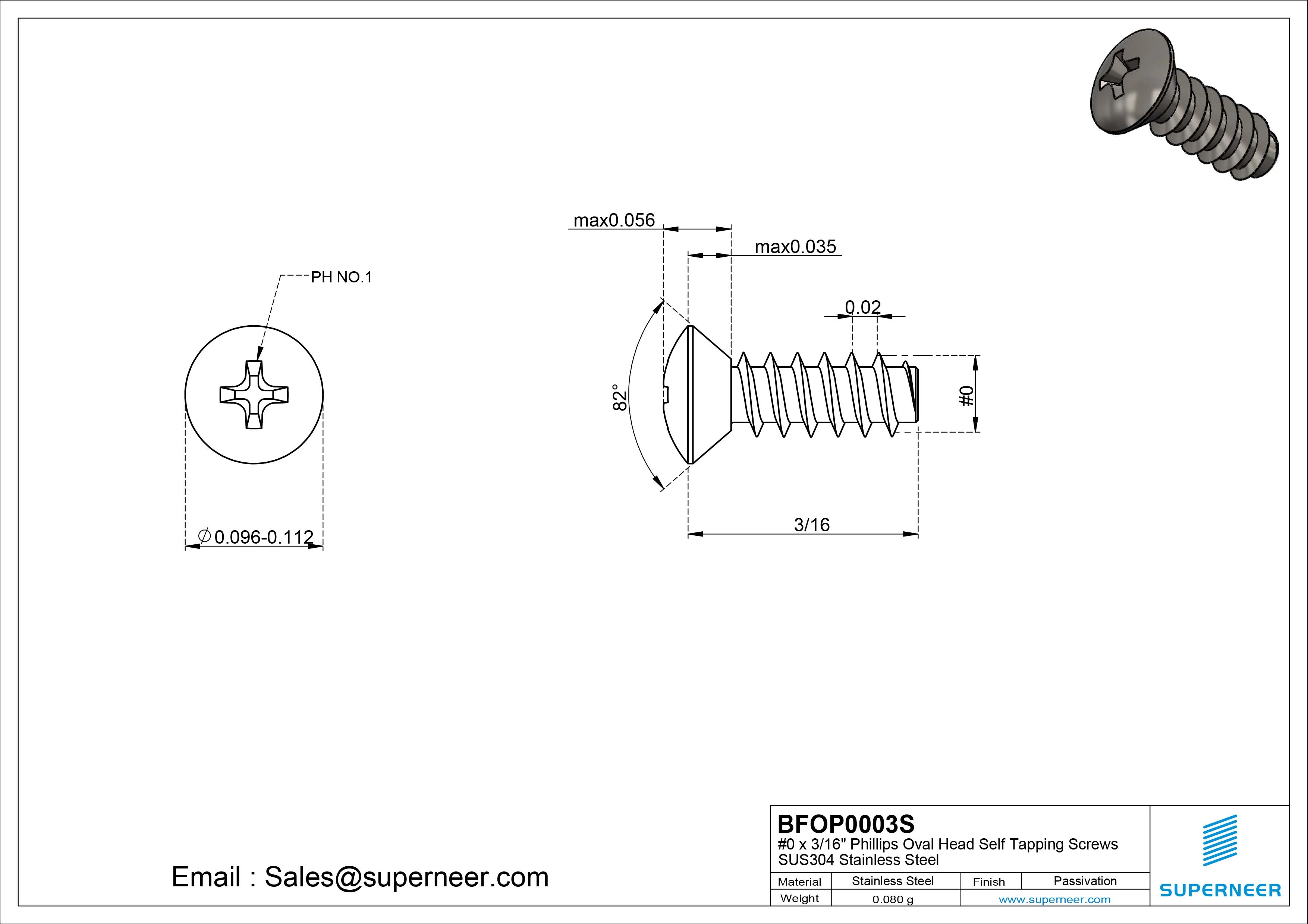 0 x 3/16" Phillips Oval Head Self Tapping Screws SUS304 Stainless Steel Inox