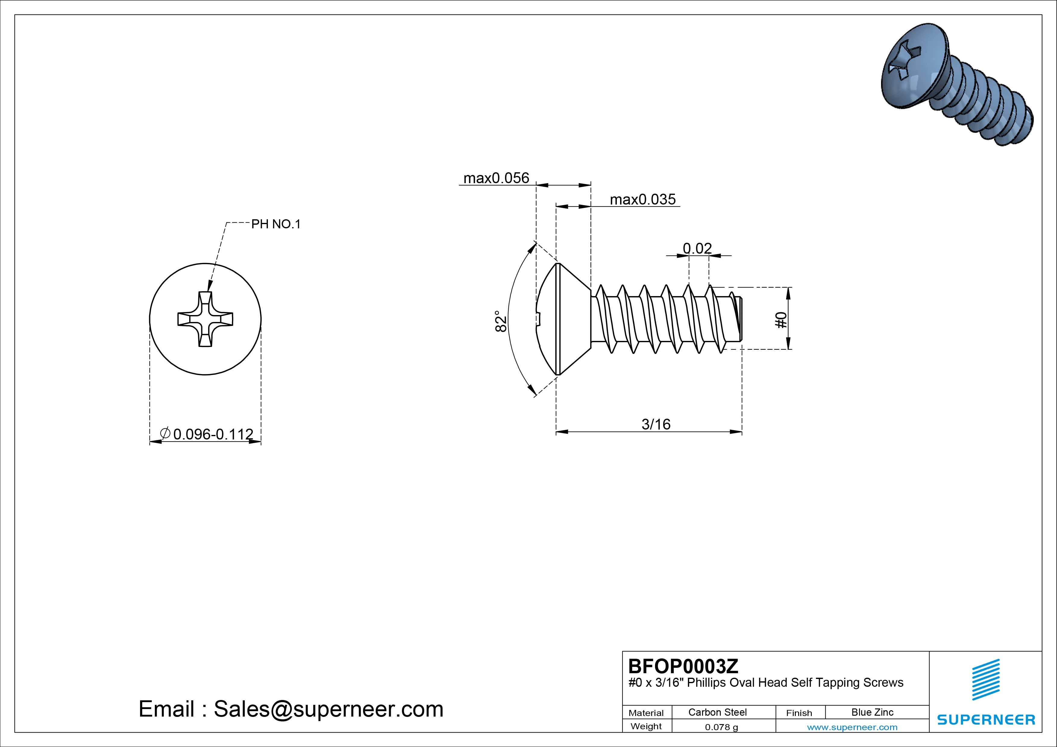 0 x 3/16" Phillips Oval Head Self Tapping Screws Steel Blue Zinc Plated