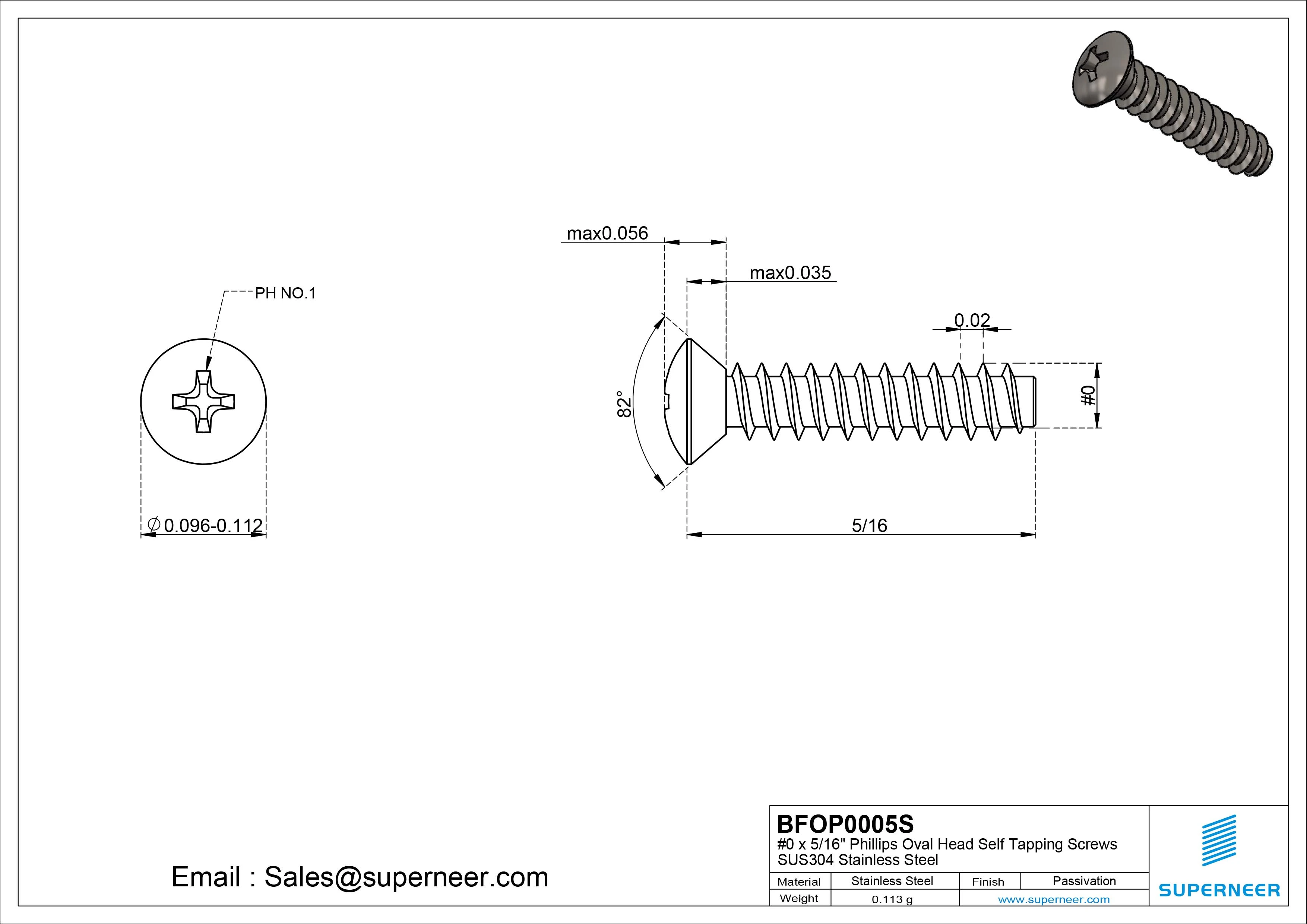 0 x 5/16" Phillips Oval Head Self Tapping Screws SUS304 Stainless Steel Inox