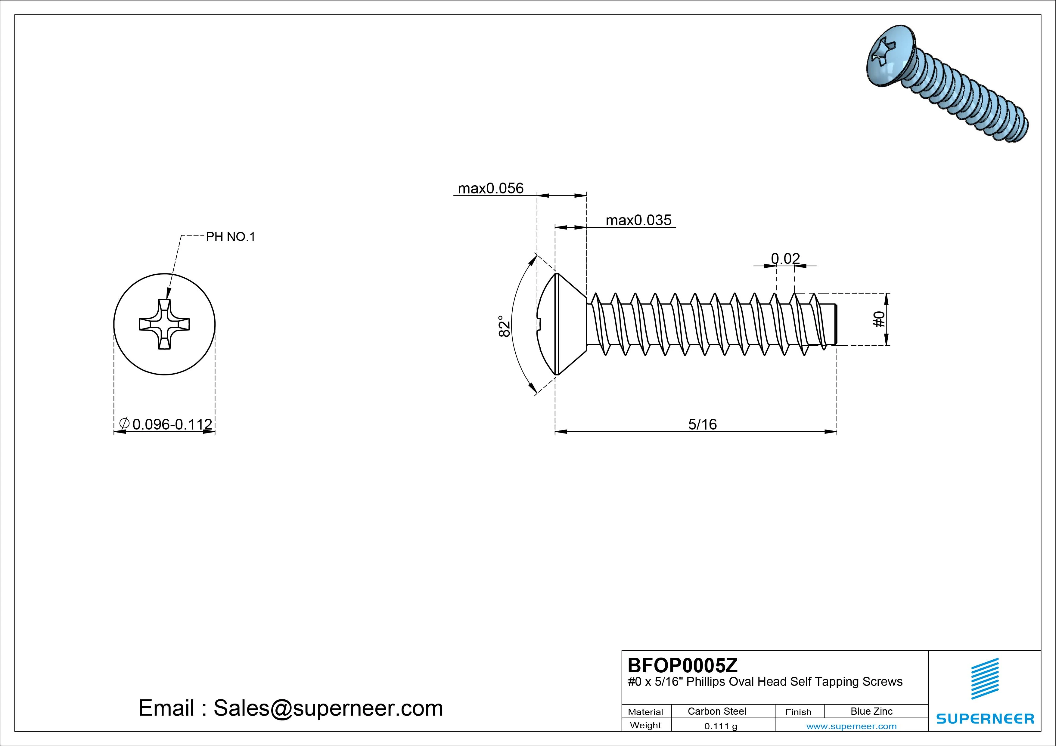 0 x 5/16" Phillips Oval Head Self Tapping Screws Steel Blue Zinc Plated