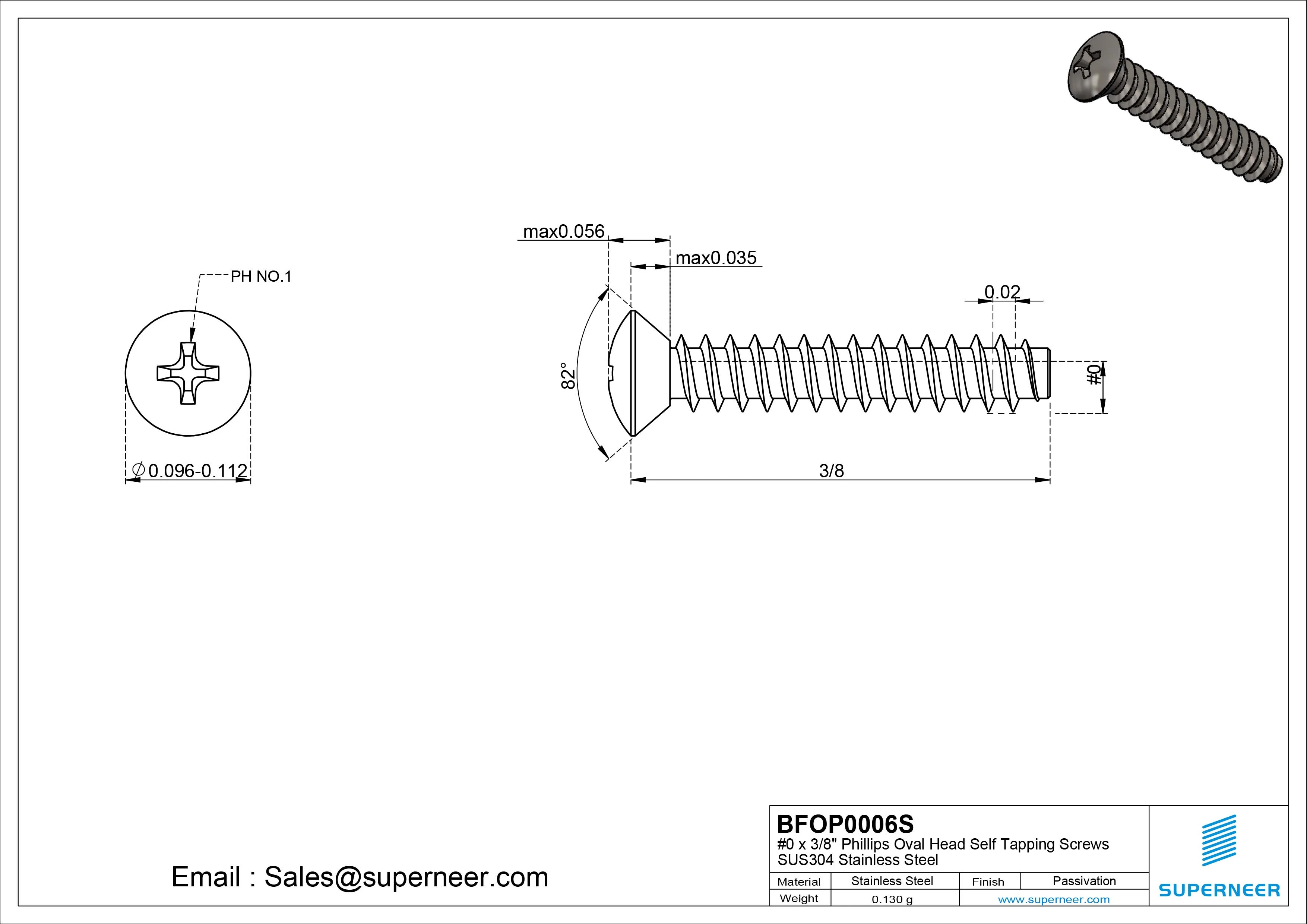 0 x 3/8" Phillips Oval Head Self Tapping Screws SUS304 Stainless Steel Inox