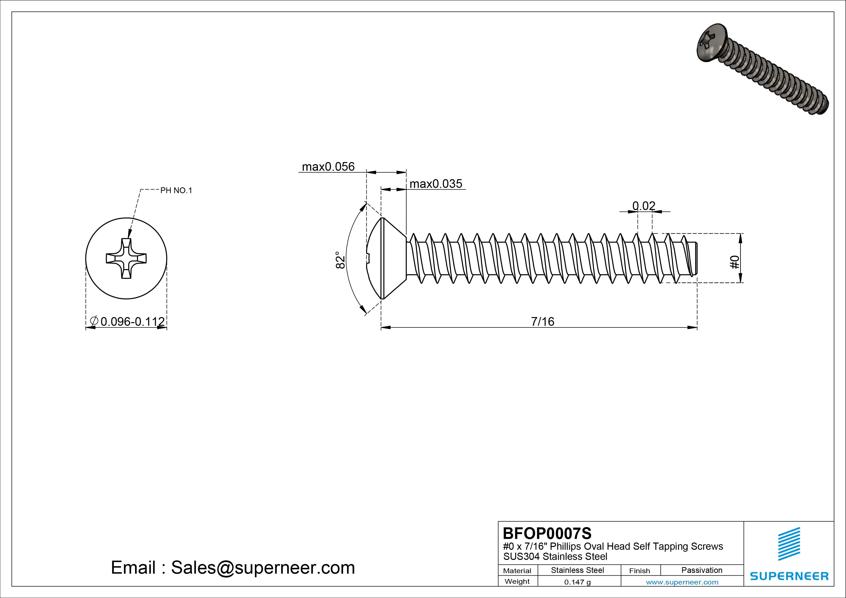0 x 7/16" Phillips Oval Head Self Tapping Screws SUS304 Stainless Steel Inox