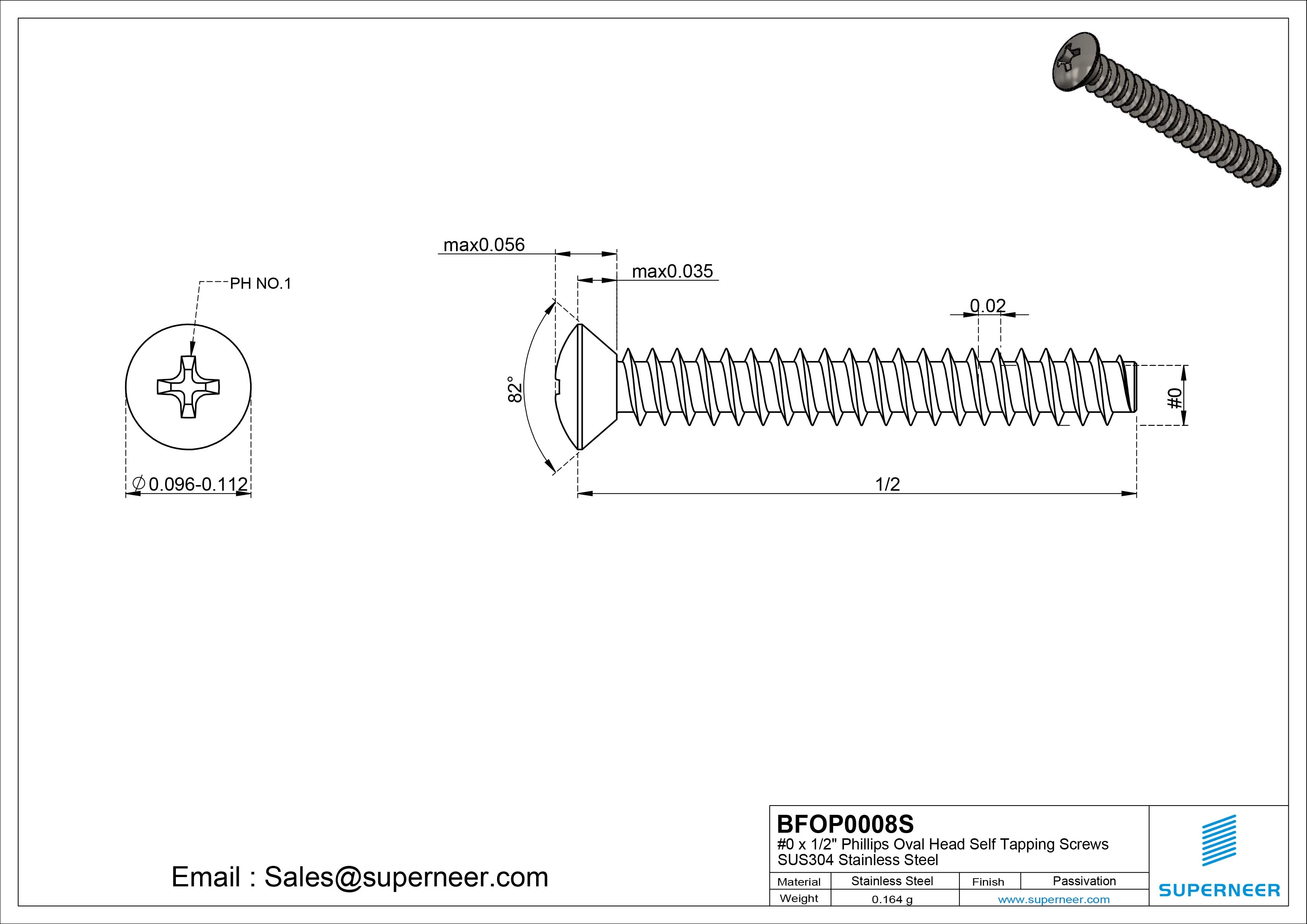 0 x 1/2" Phillips Oval Head Self Tapping Screws SUS304 Stainless Steel Inox