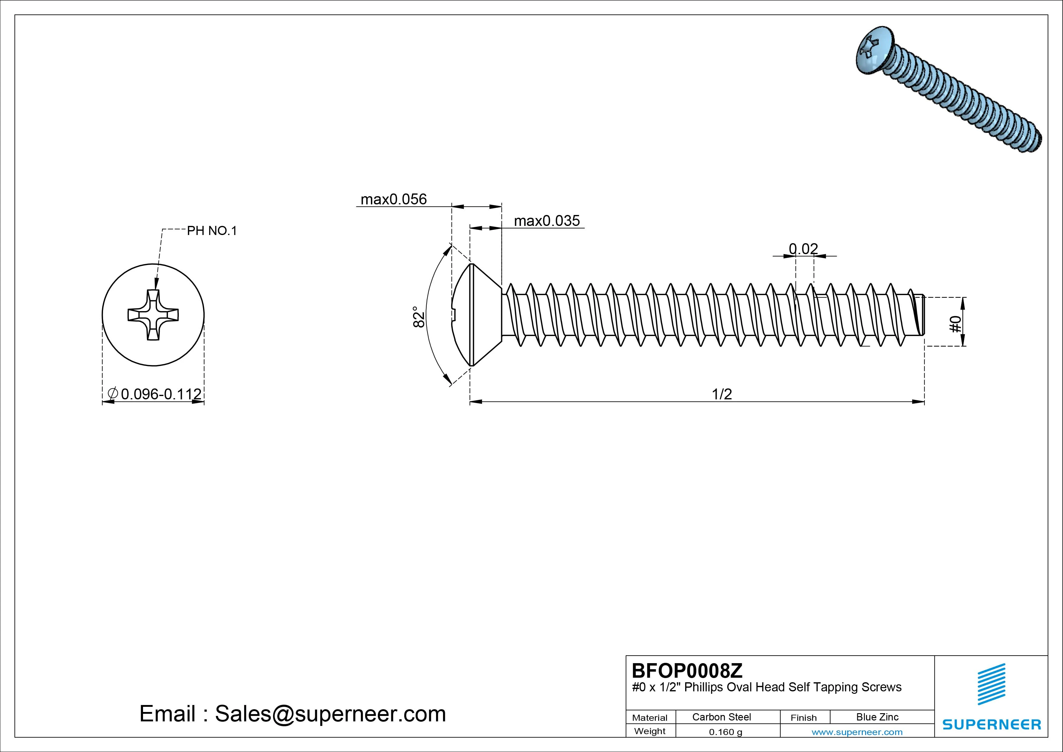 0 x 1/2" Phillips Oval Head Self Tapping Screws Steel Blue Zinc Plated