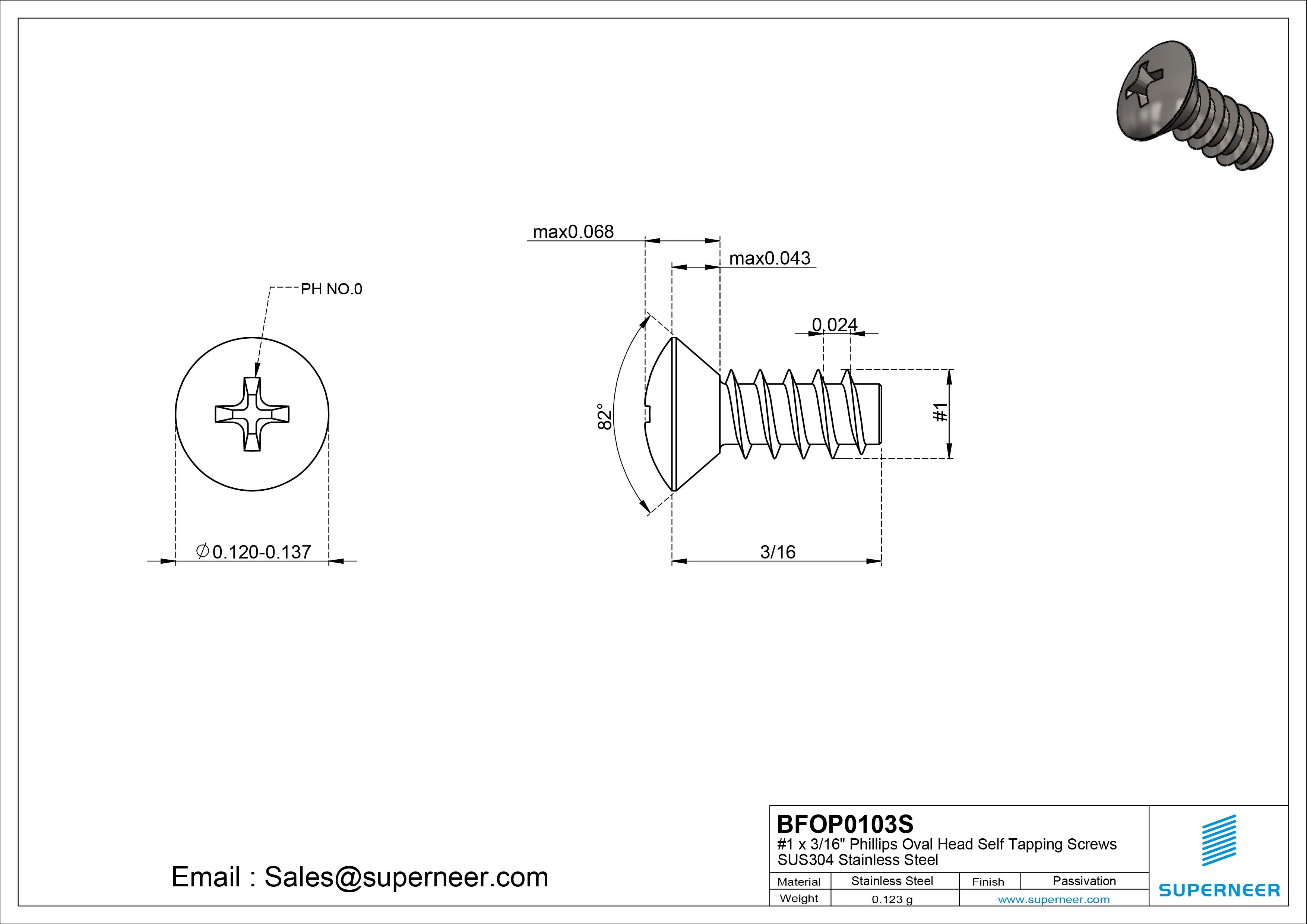 1 x 3/16" Phillips Oval Head Self Tapping Screws SUS304 Stainless Steel Inox