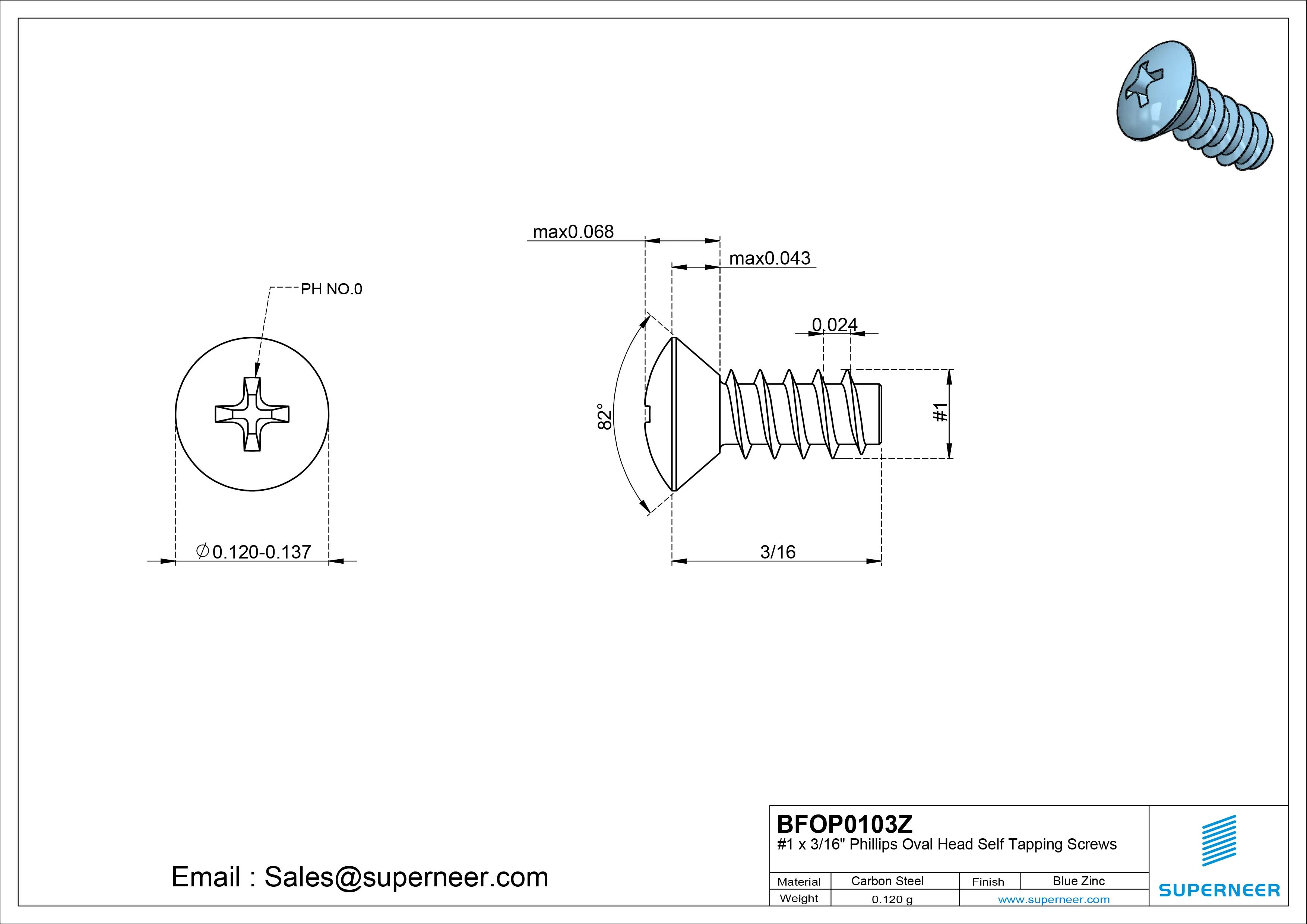 1 x 3/16" Phillips Oval Head Self Tapping Screws Steel Blue Zinc Plated