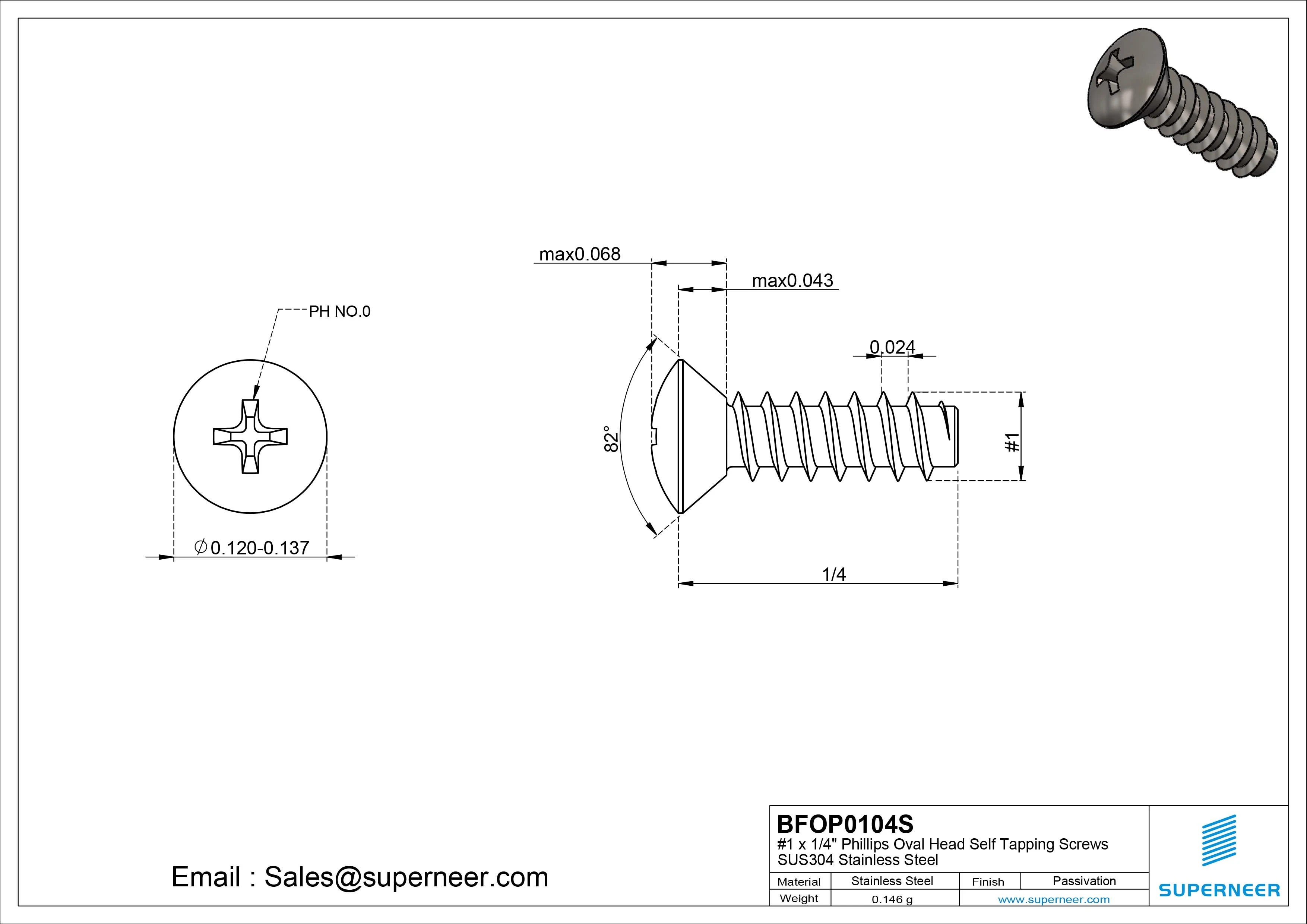 1 x 1/4" Phillips Oval Head Self Tapping Screws SUS304 Stainless Steel Inox