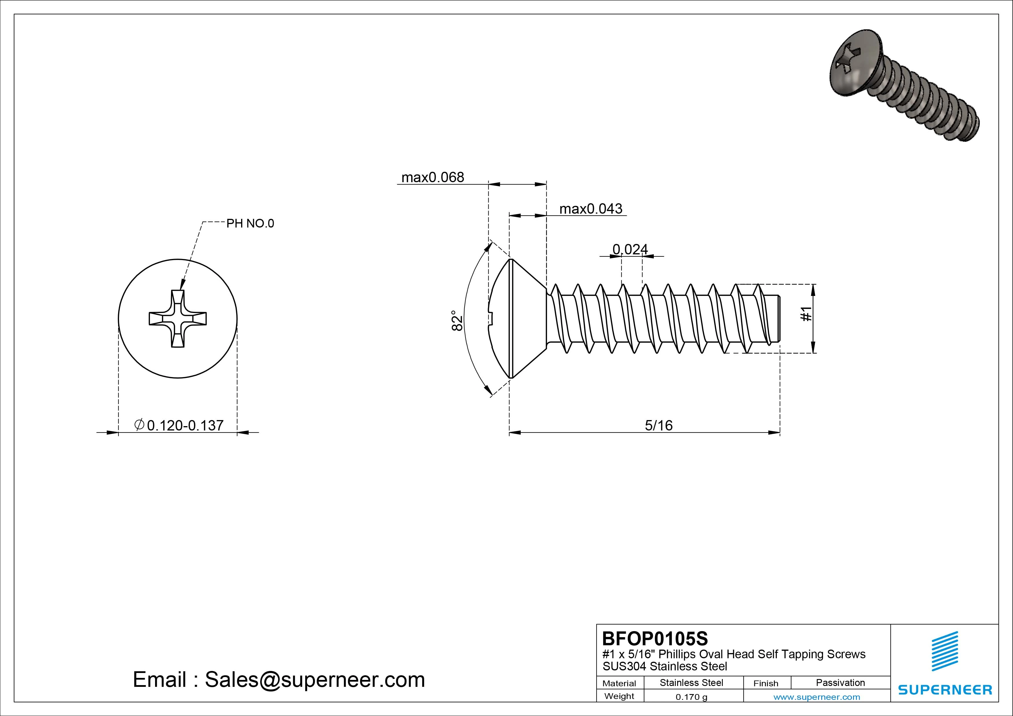 1 x 5/16" Phillips Oval Head Self Tapping Screws SUS304 Stainless Steel Inox