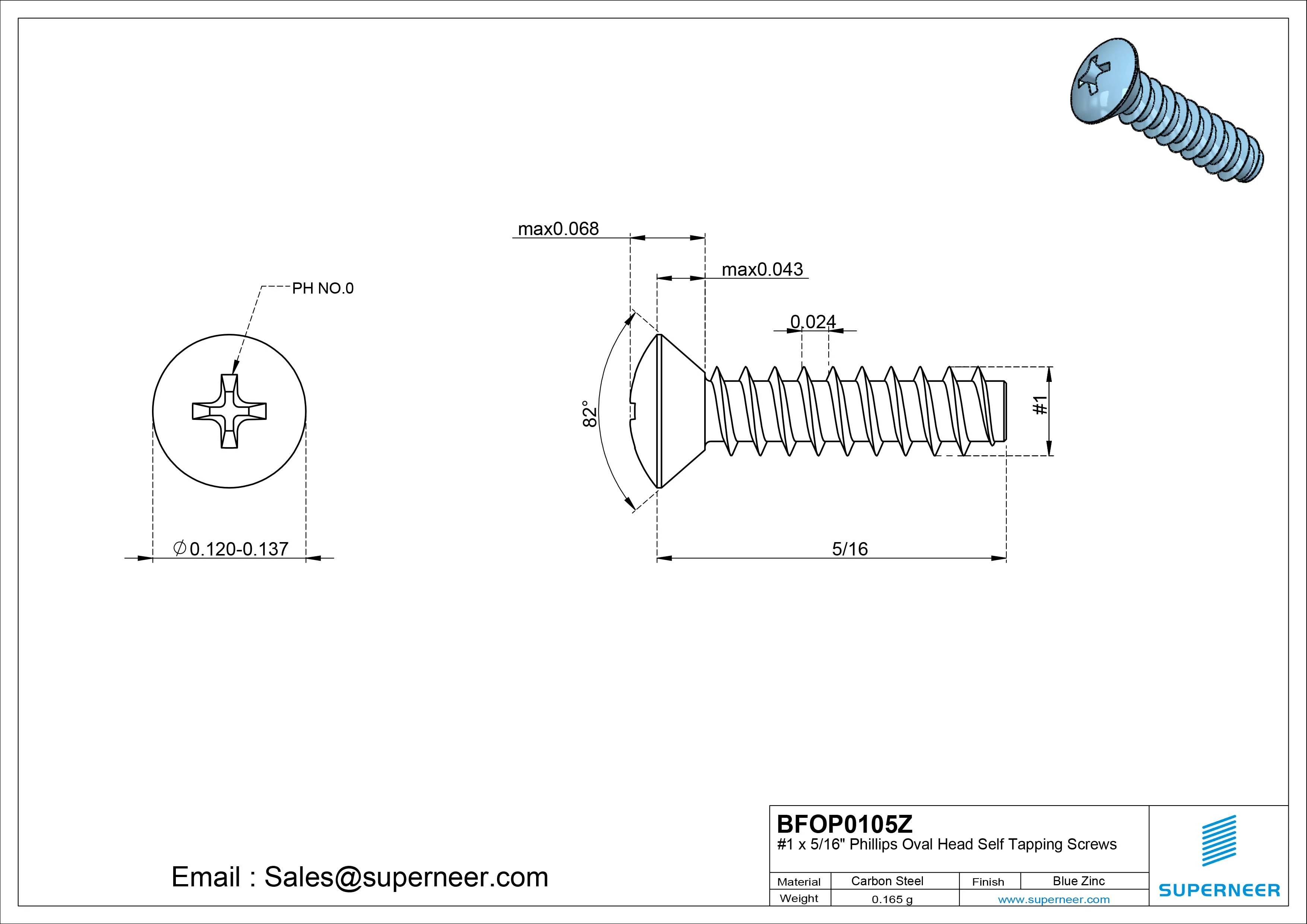 1 x 5/16" Phillips Oval Head Self Tapping Screws Steel Blue Zinc Plated