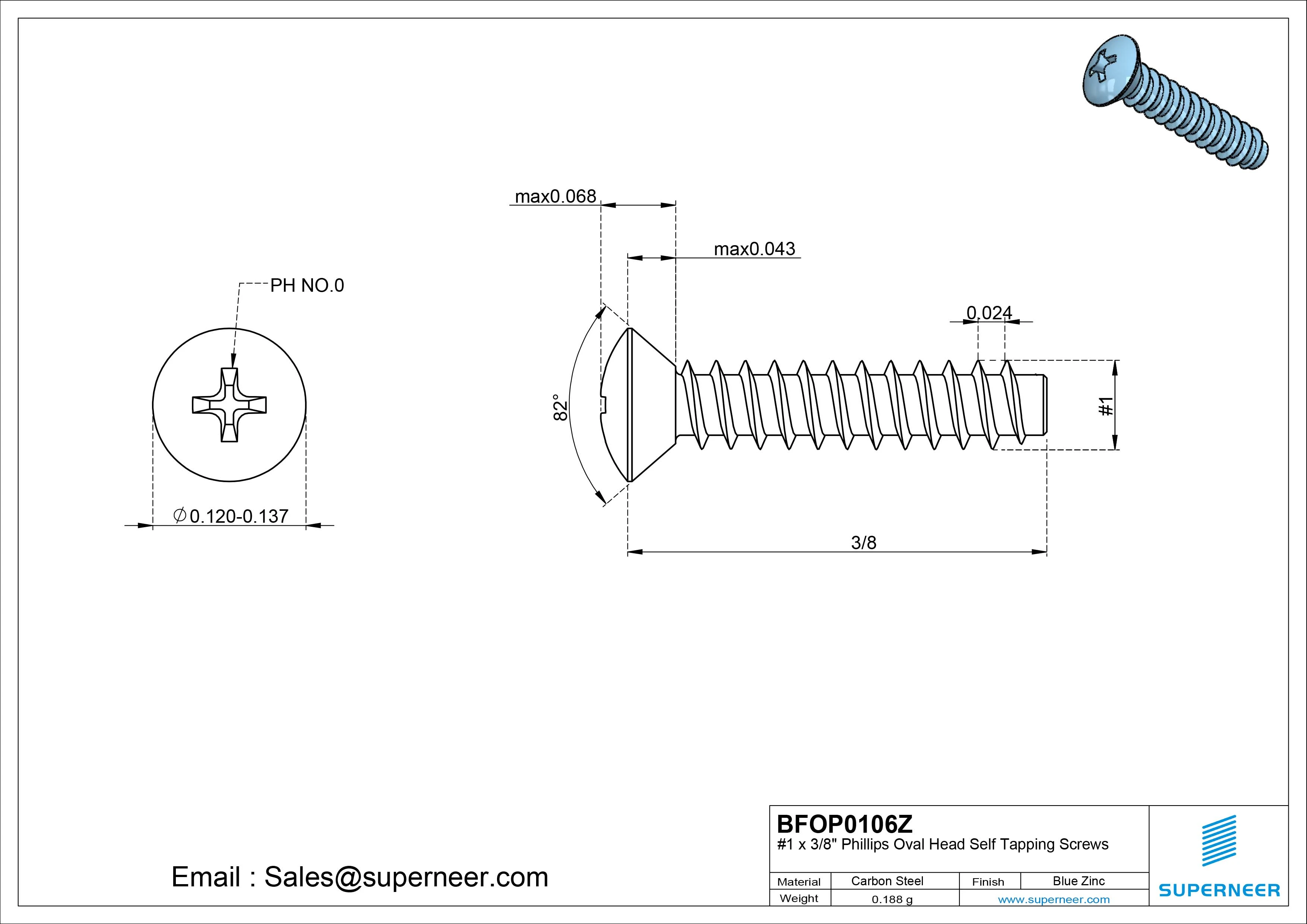 1 x 3/8" Phillips Oval Head Self Tapping Screws Steel Blue Zinc Plated
