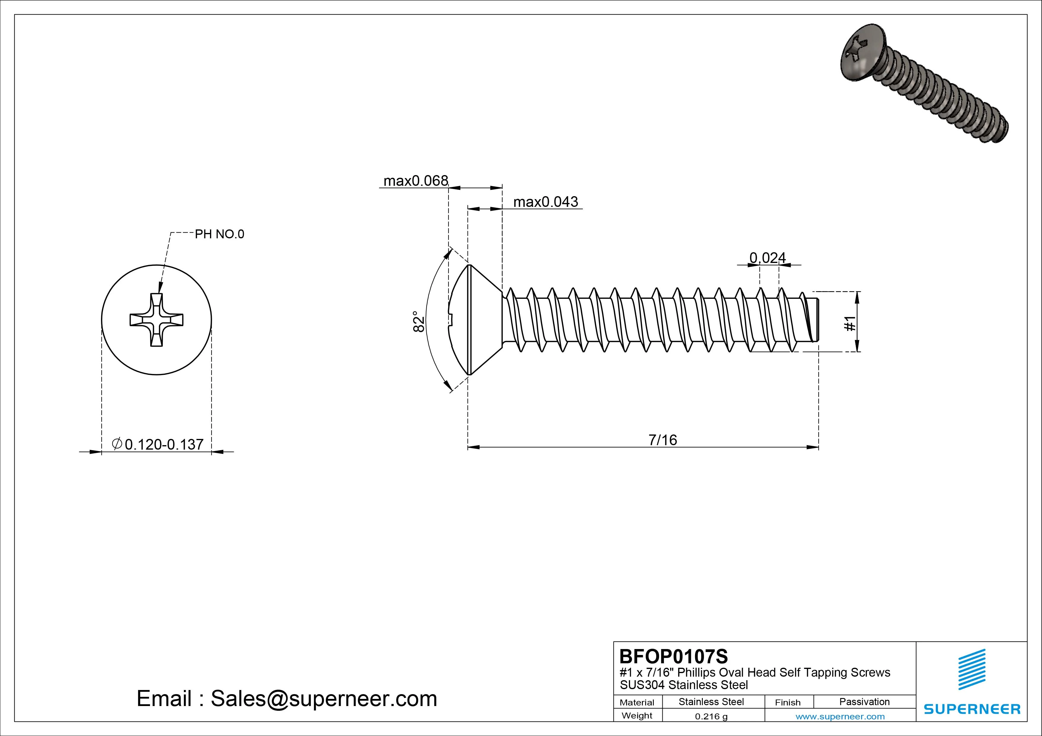 1 x 7/16" Phillips Oval Head Self Tapping Screws SUS304 Stainless Steel Inox