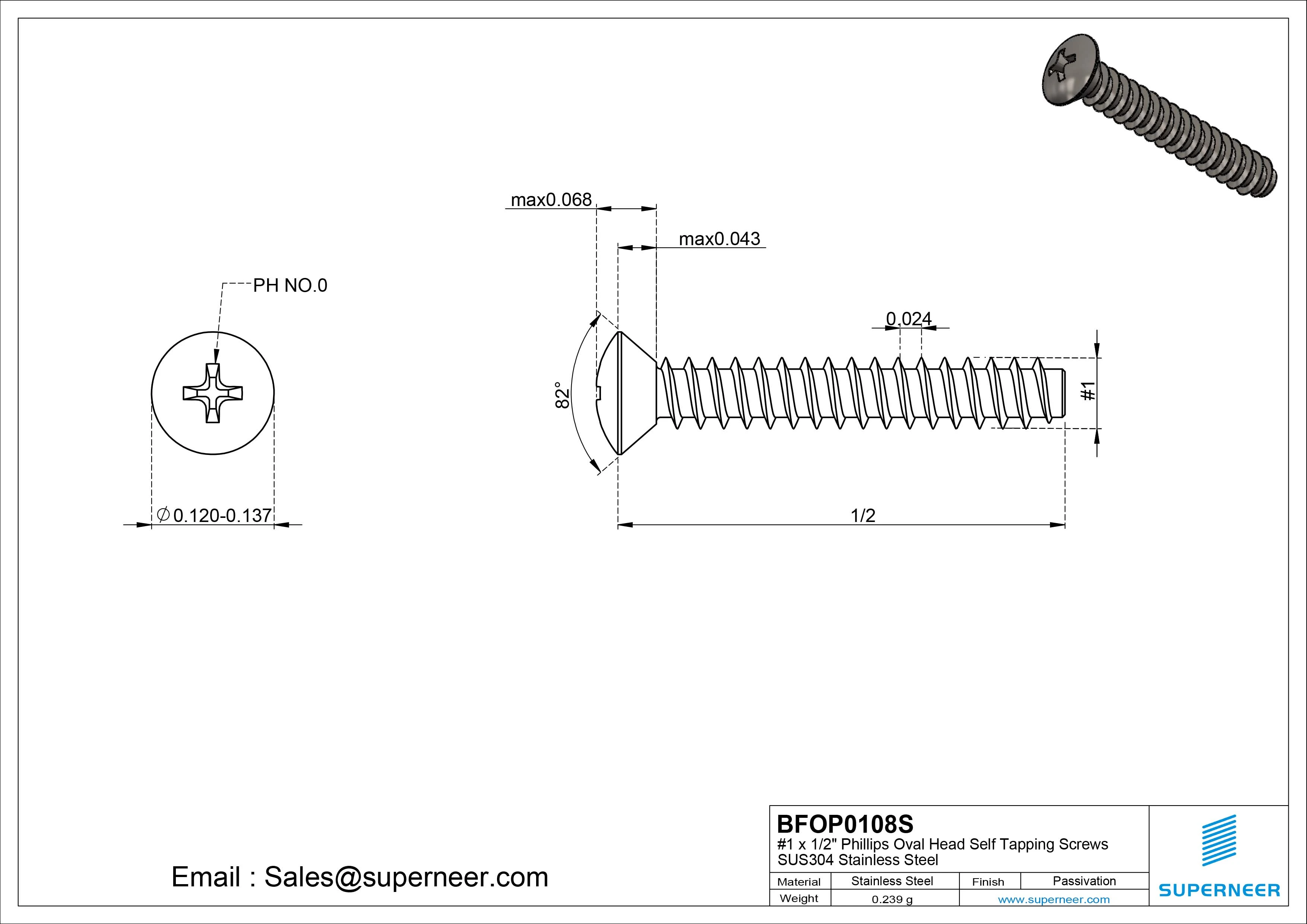 1 x 1/2" Phillips Oval Head Self Tapping Screws SUS304 Stainless Steel Inox