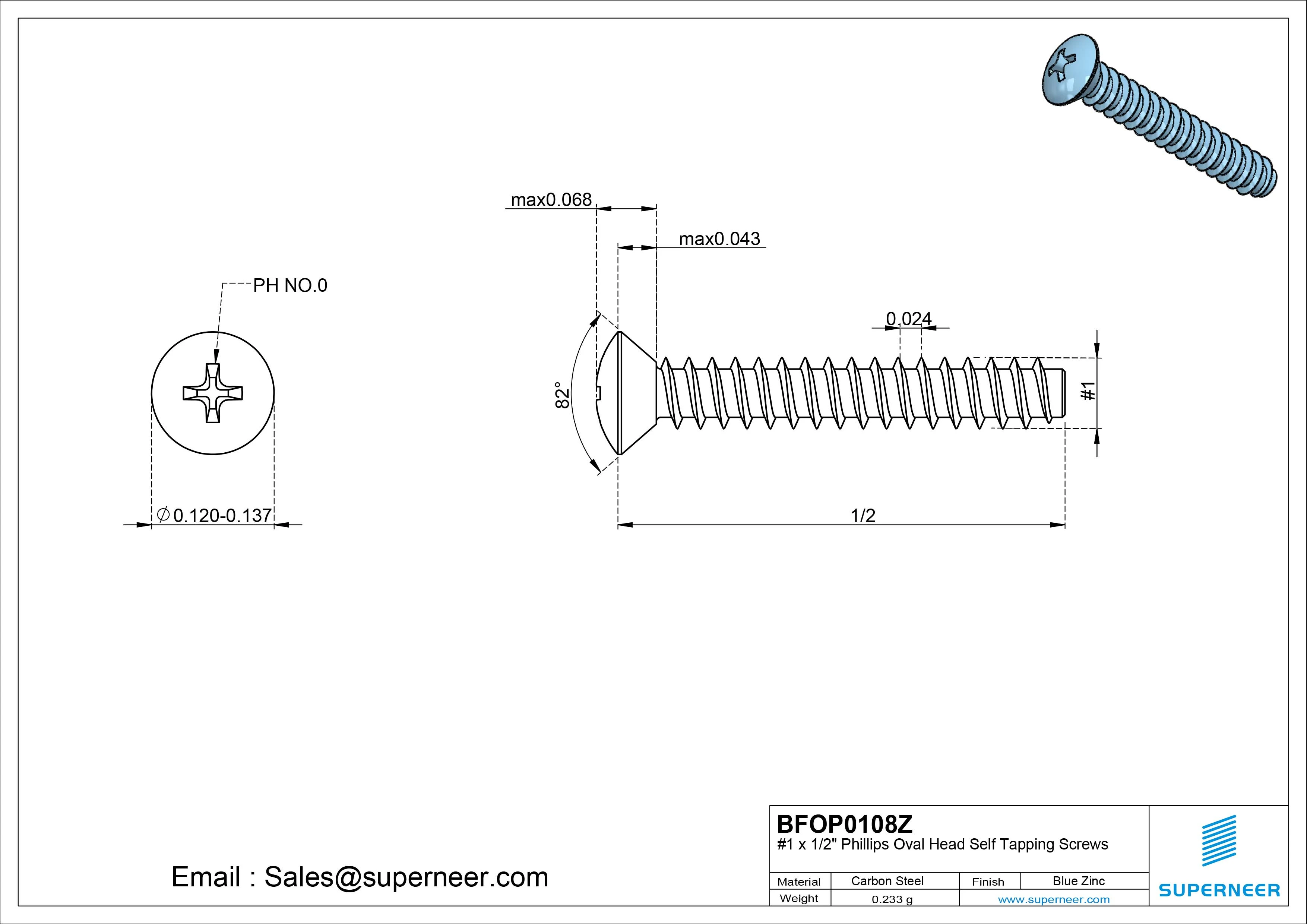 1 x 1/2" Phillips Oval Head Self Tapping Screws Steel Blue Zinc Plated