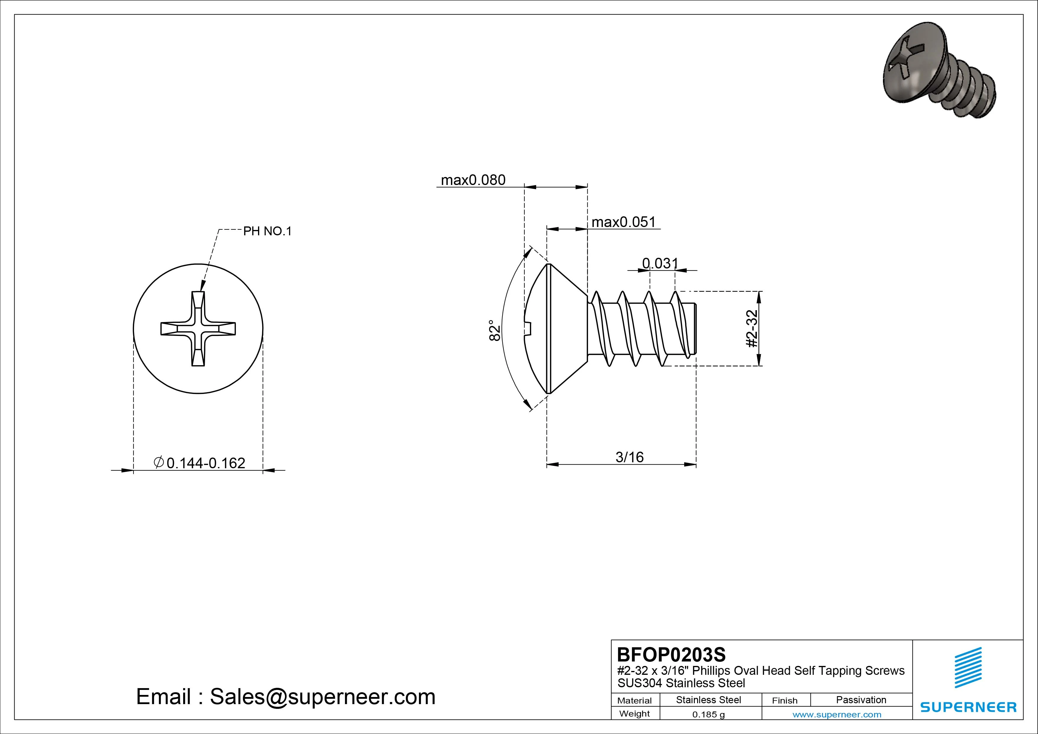 2-32 x 3/16" Phillips Oval Head Self Tapping Screws SUS304 Stainless Steel Inox
