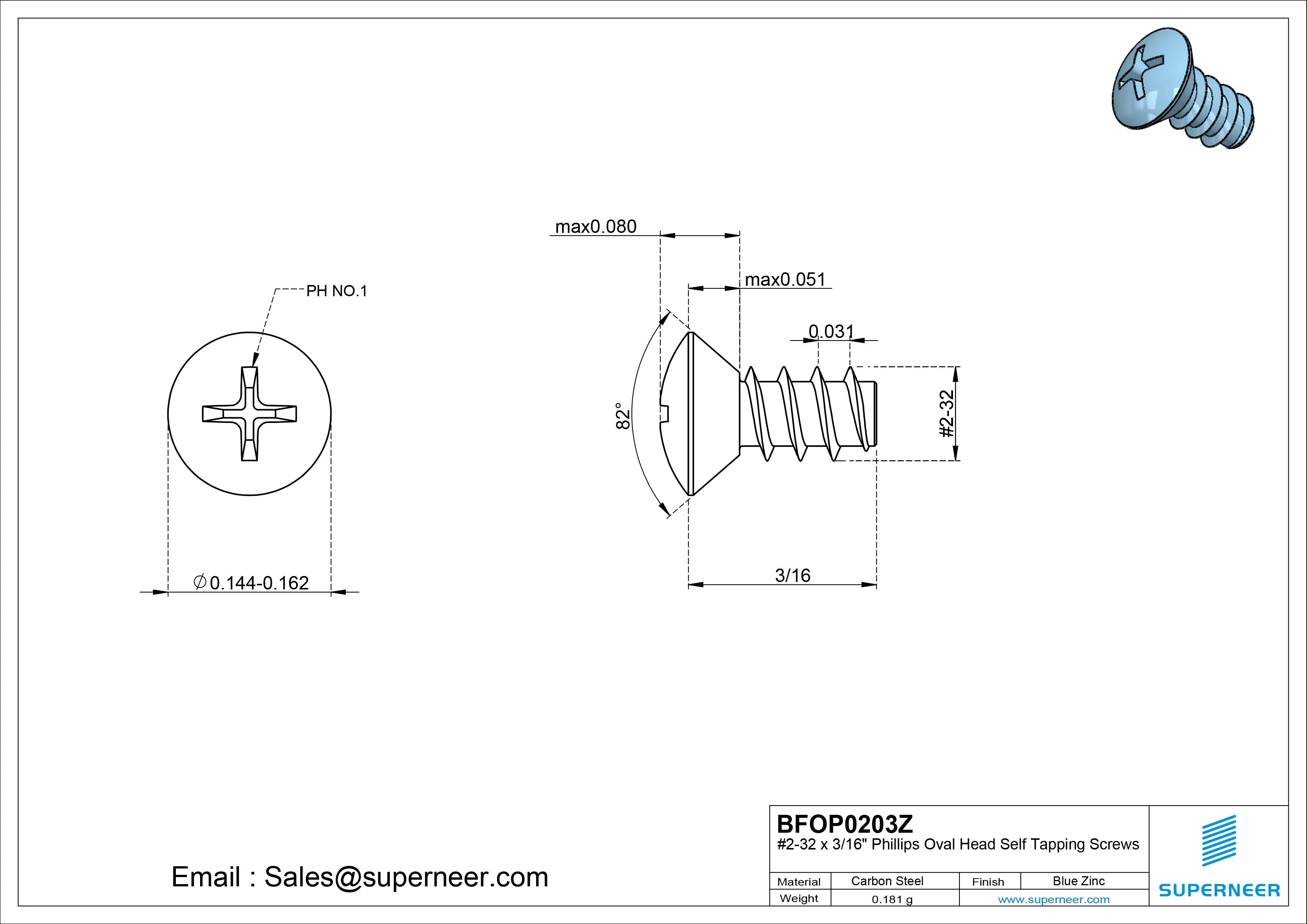 2-32 x 3/16" Phillips Oval Head Self Tapping Screws Steel Blue Zinc Plated