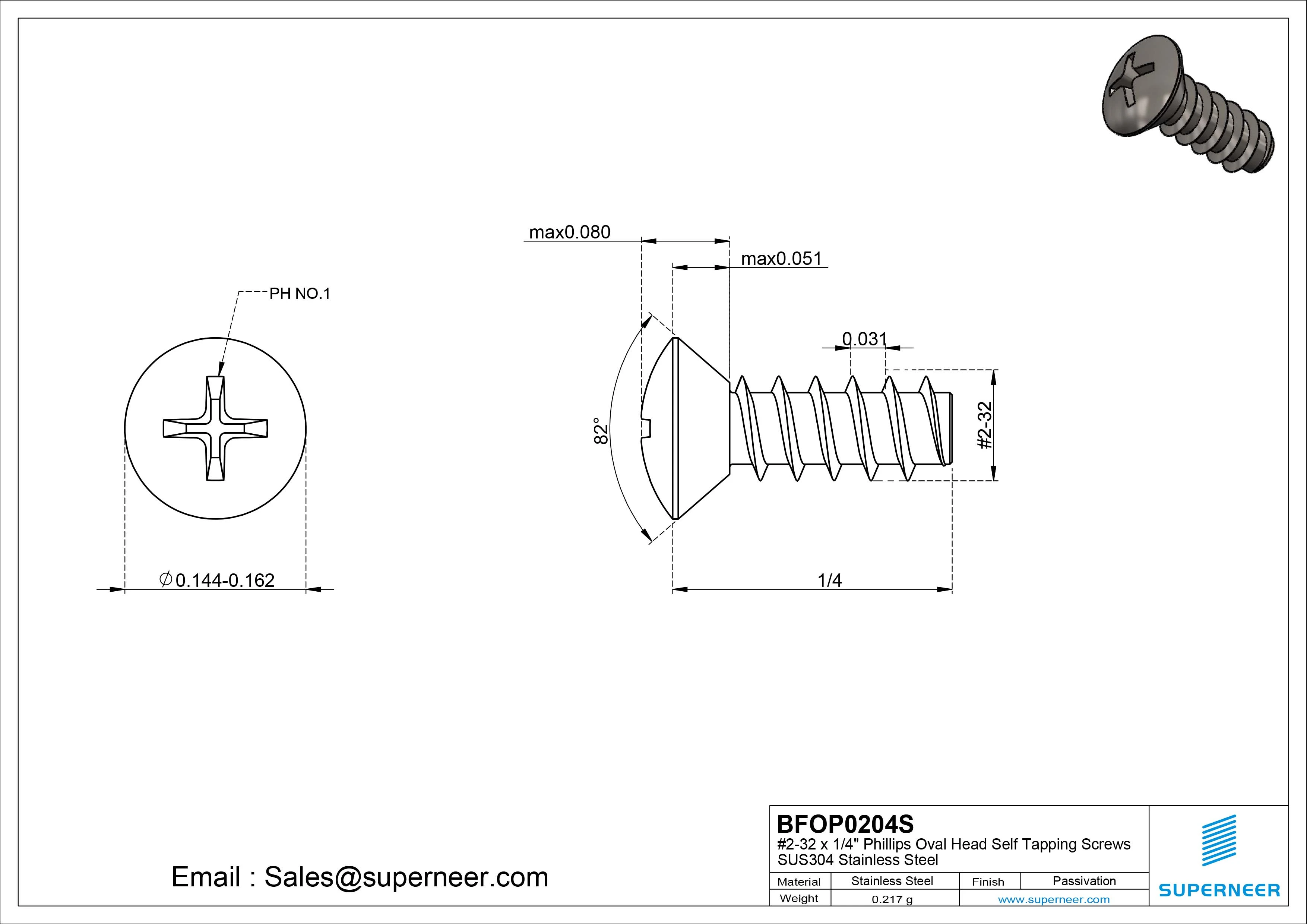 2-32 x 1/4" Phillips Oval Head Self Tapping Screws SUS304 Stainless Steel Inox