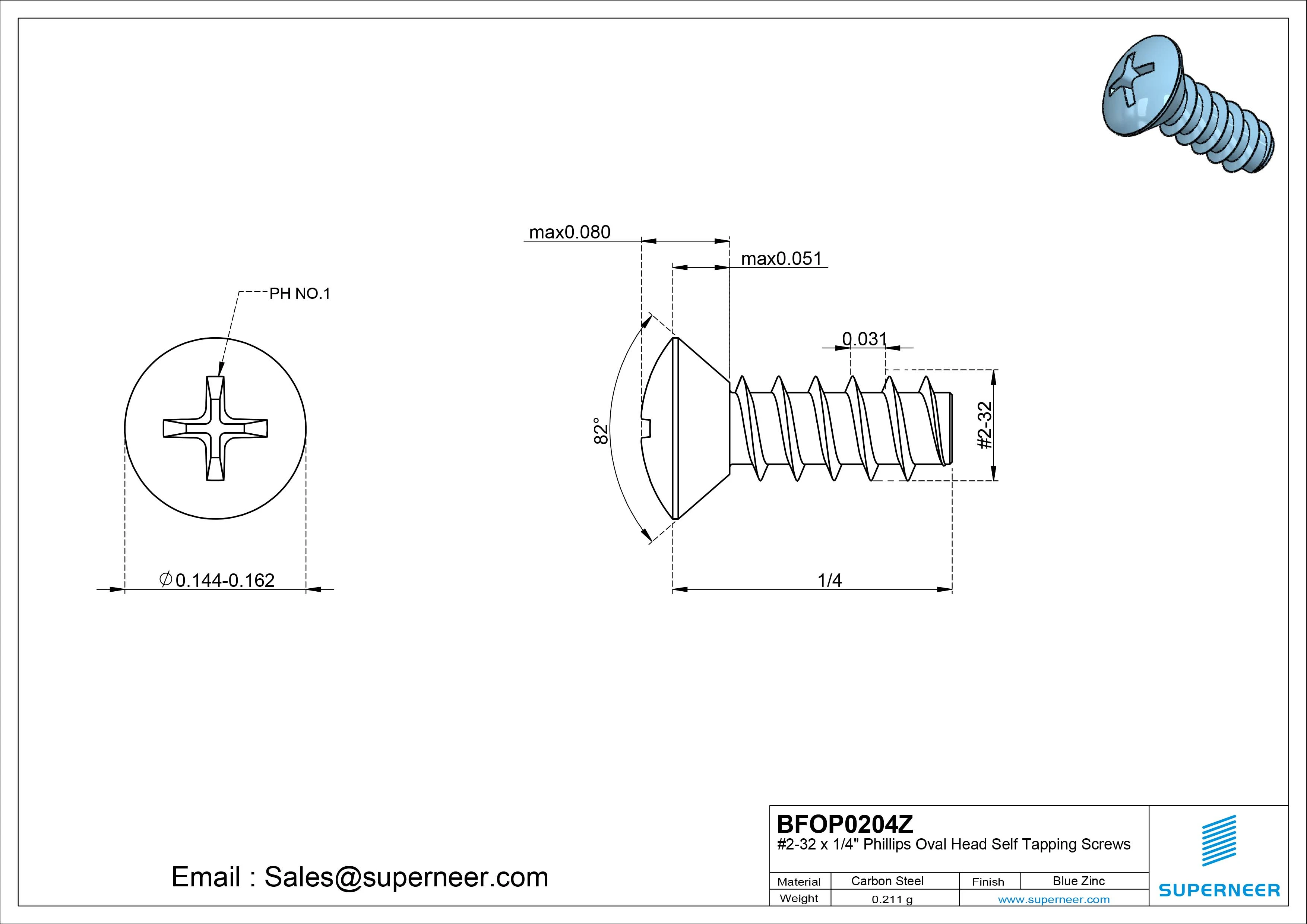 2-32 x 1/4" Phillips Oval Head Self Tapping Screws Steel Blue Zinc Plated
