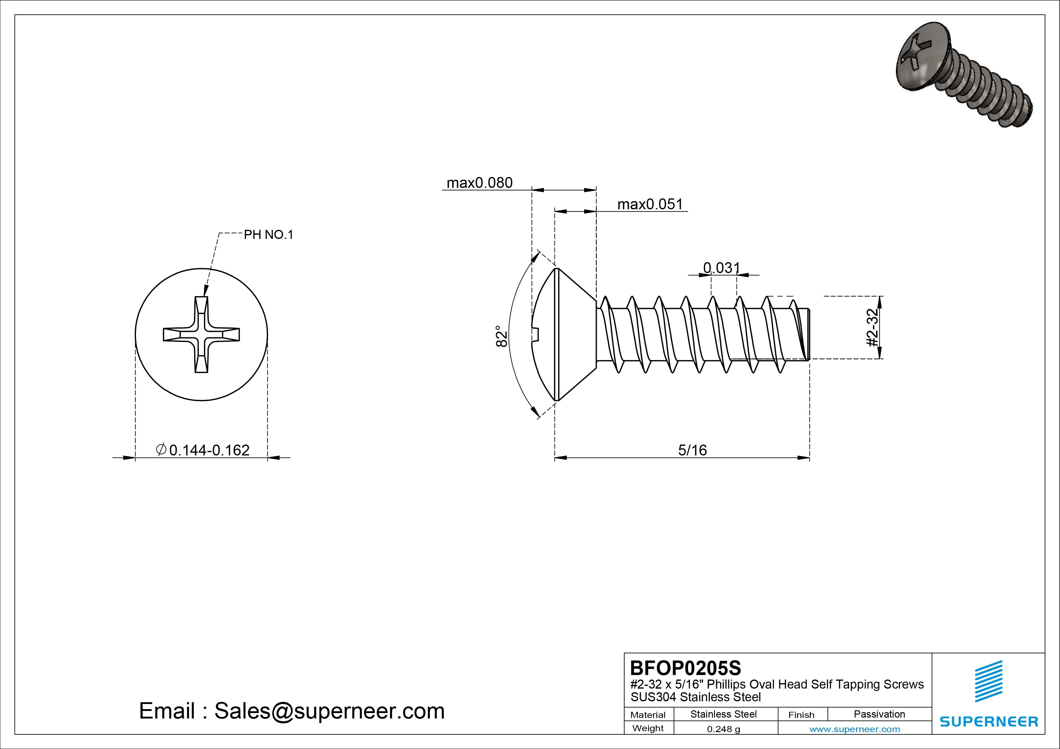 2-32 x 5/16" Phillips Oval Head Self Tapping Screws SUS304 Stainless Steel Inox