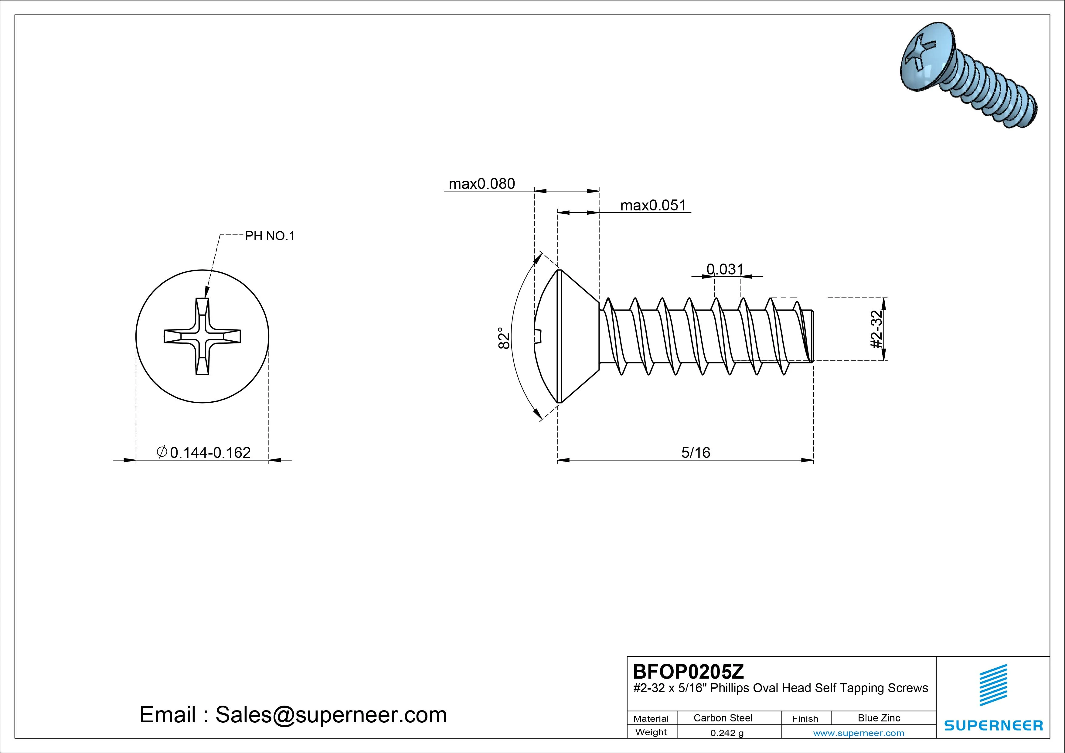 2-32 x 5/16" Phillips Oval Head Self Tapping Screws Steel Blue Zinc Plated