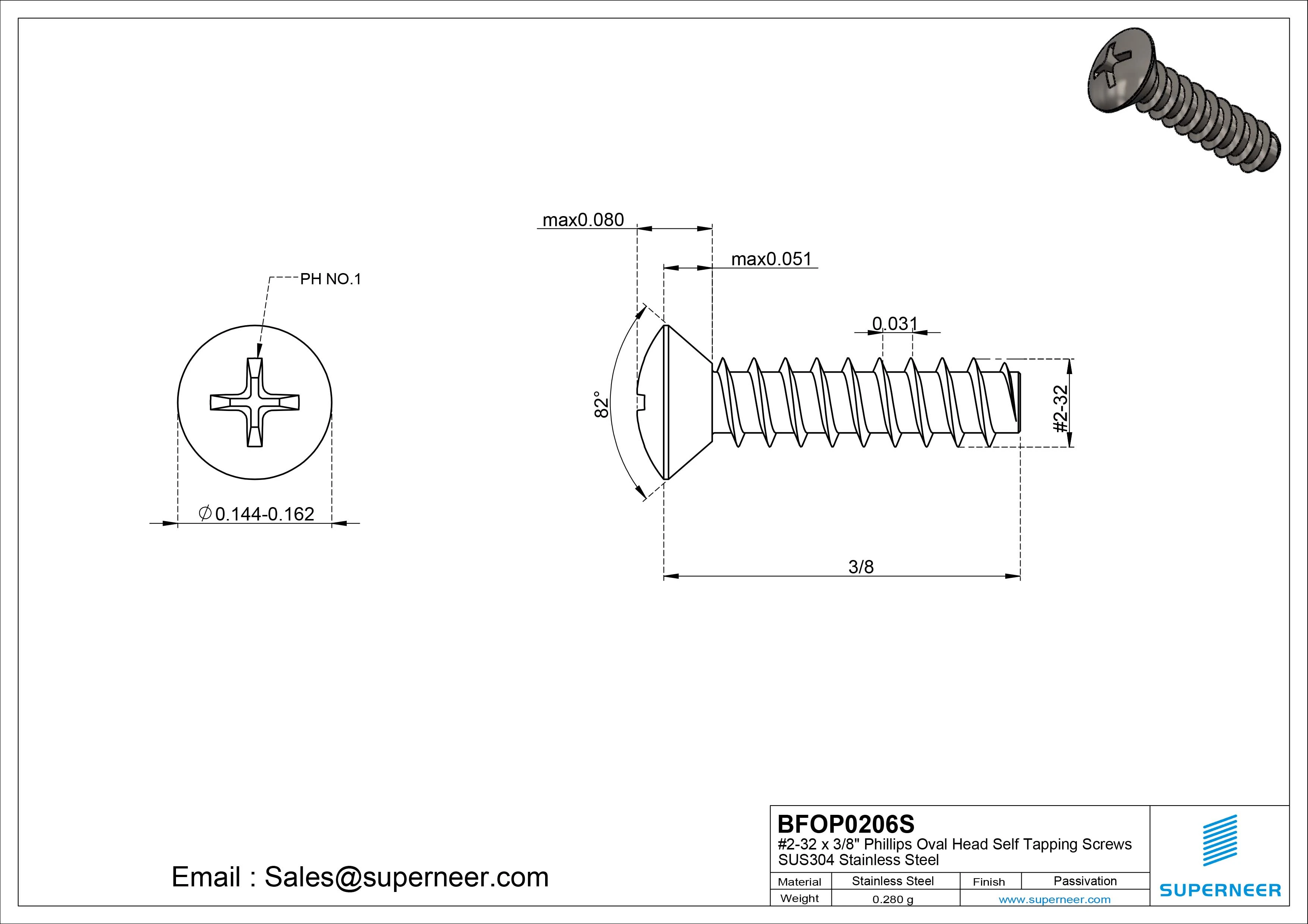 2-32 x 3/8" Phillips Oval Head Self Tapping Screws SUS304 Stainless Steel Inox