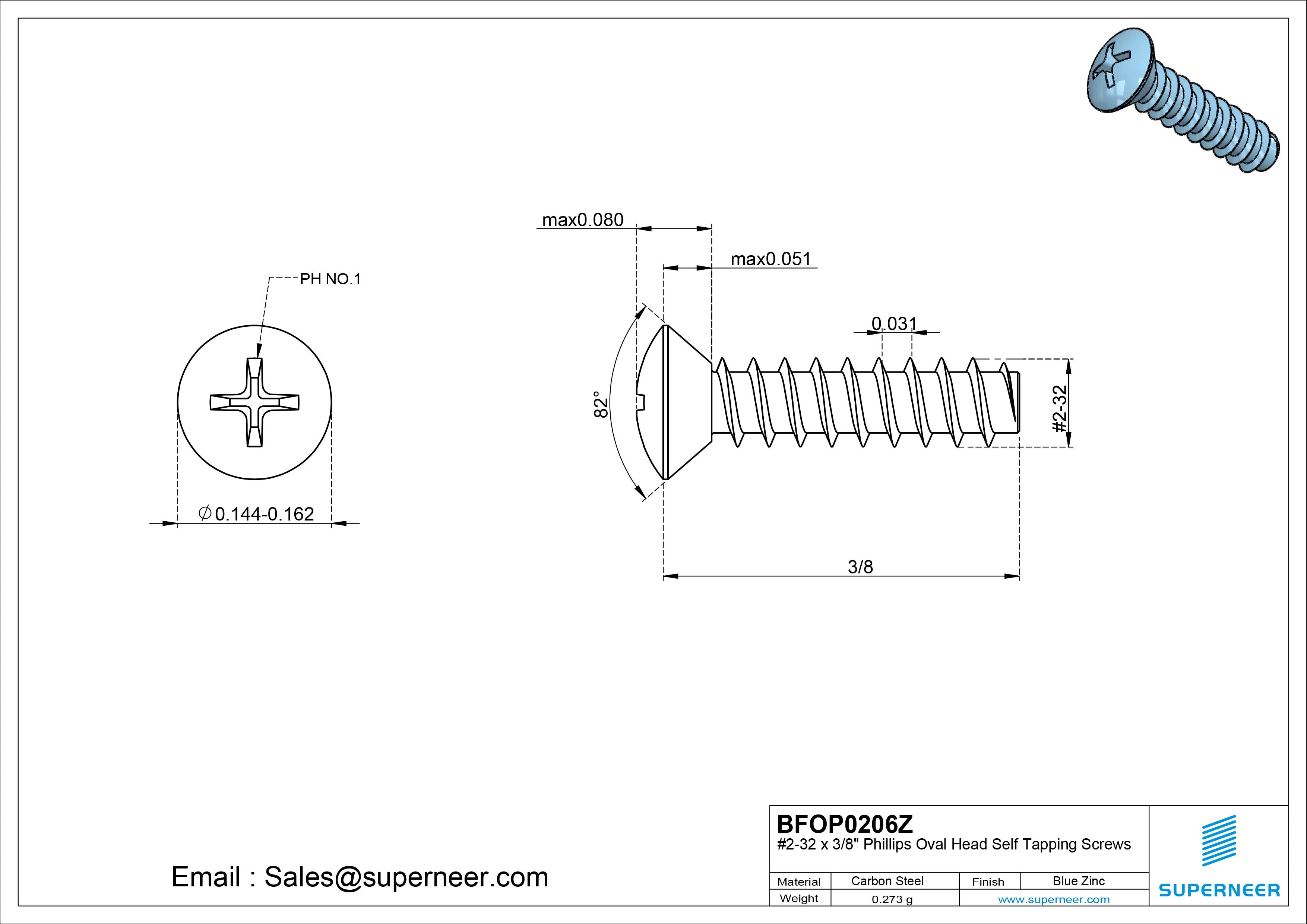 2-32 x 3/8" Phillips Oval Head Self Tapping Screws Steel Blue Zinc Plated
