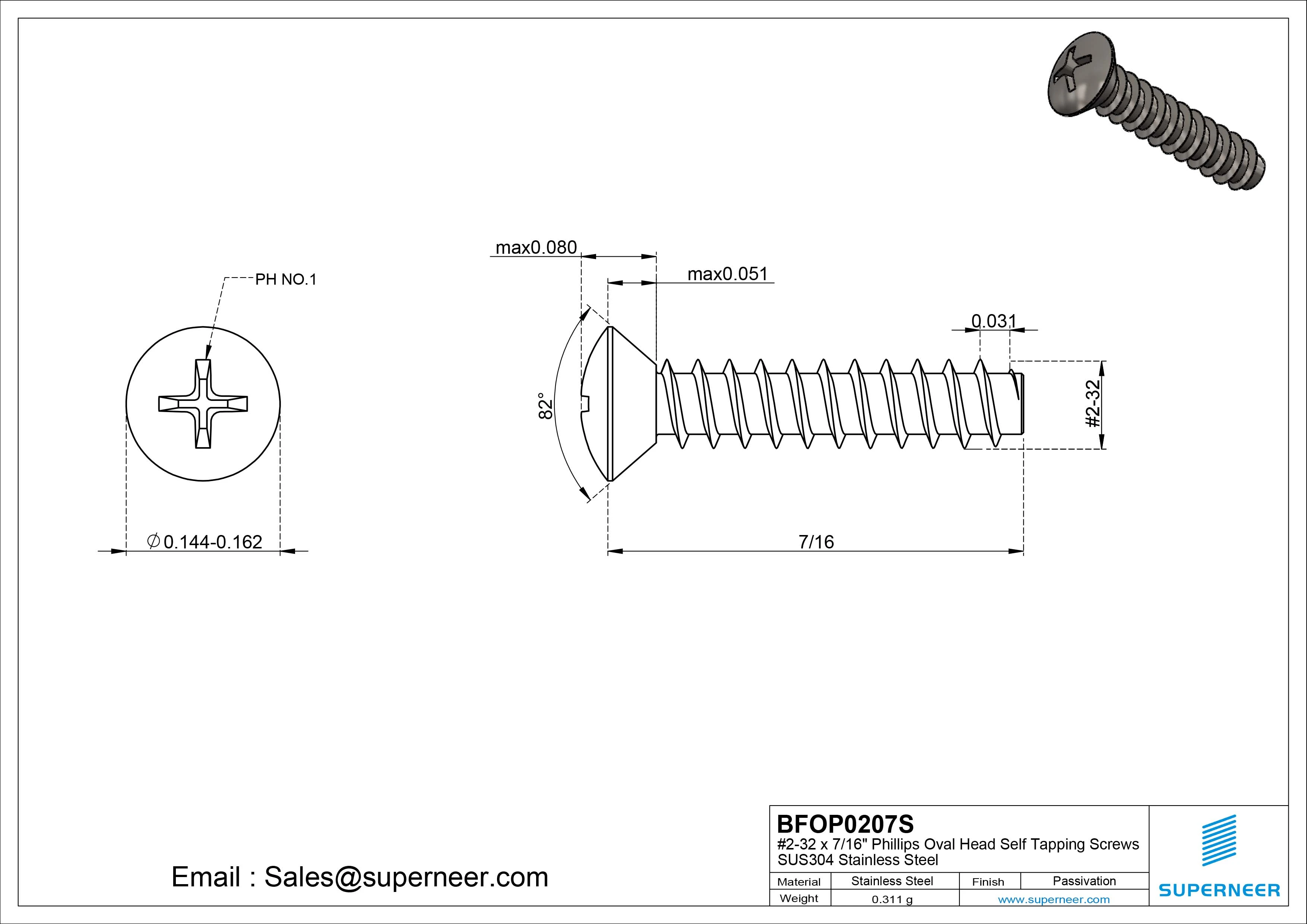 2-32 x 7/16" Phillips Oval Head Self Tapping Screws SUS304 Stainless Steel Inox