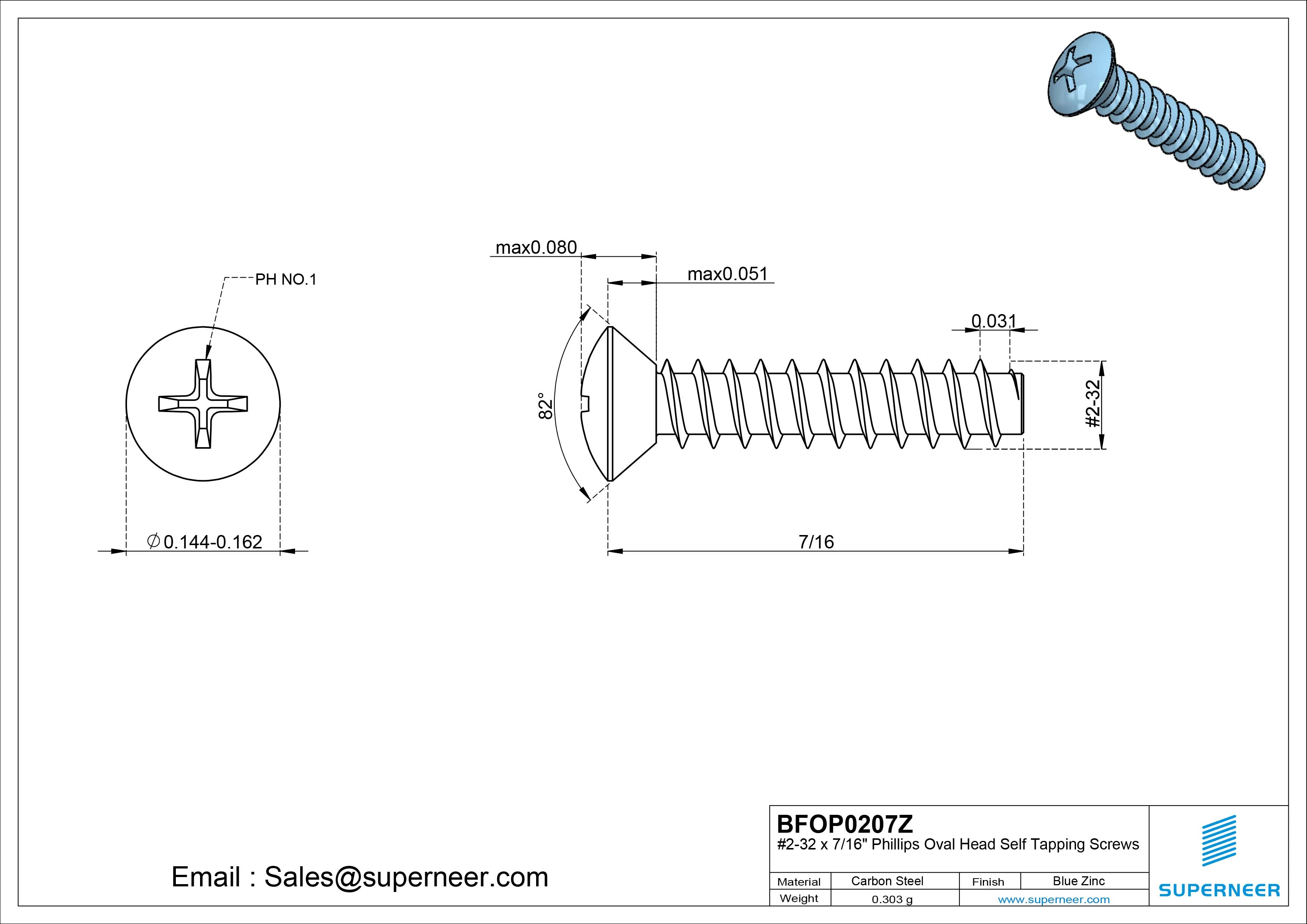 2-32 x 7/16" Phillips Oval Head Self Tapping Screws Steel Blue Zinc Plated